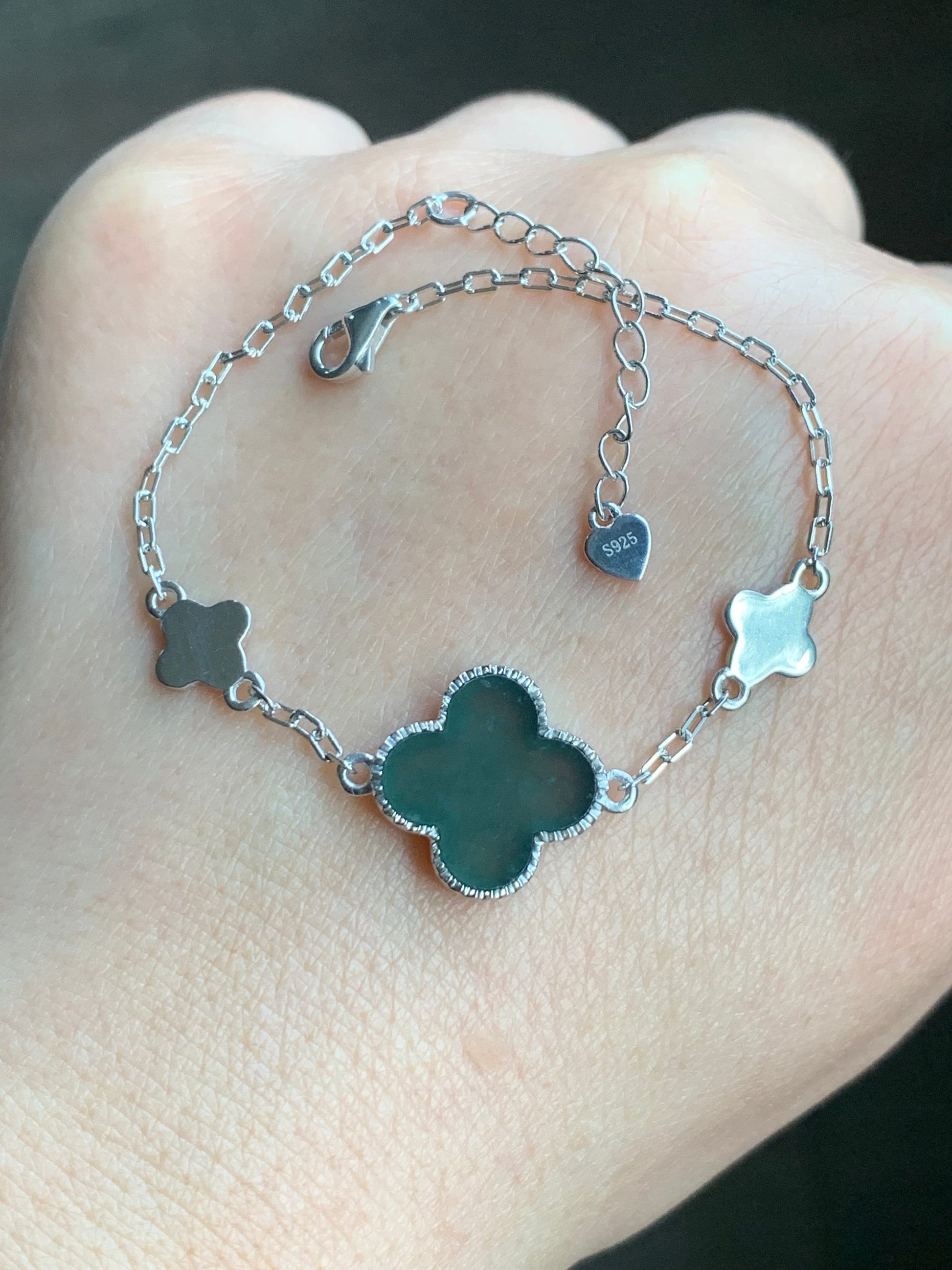 Certified Natural Guatemalan Icy Translucent Dark Teal Green Jadeite Clover Leaf Quatrefoil Bracelet Sterling Silver 天然冰危深蓝绿翡翠四叶草银镶手链 1685