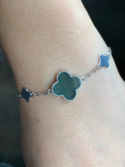 Certified Natural Guatemalan Icy Translucent Dark Teal Green Jadeite Clover Leaf Quatrefoil Bracelet Sterling Silver 天然冰危深蓝绿翡翠四叶草银镶手链 1685