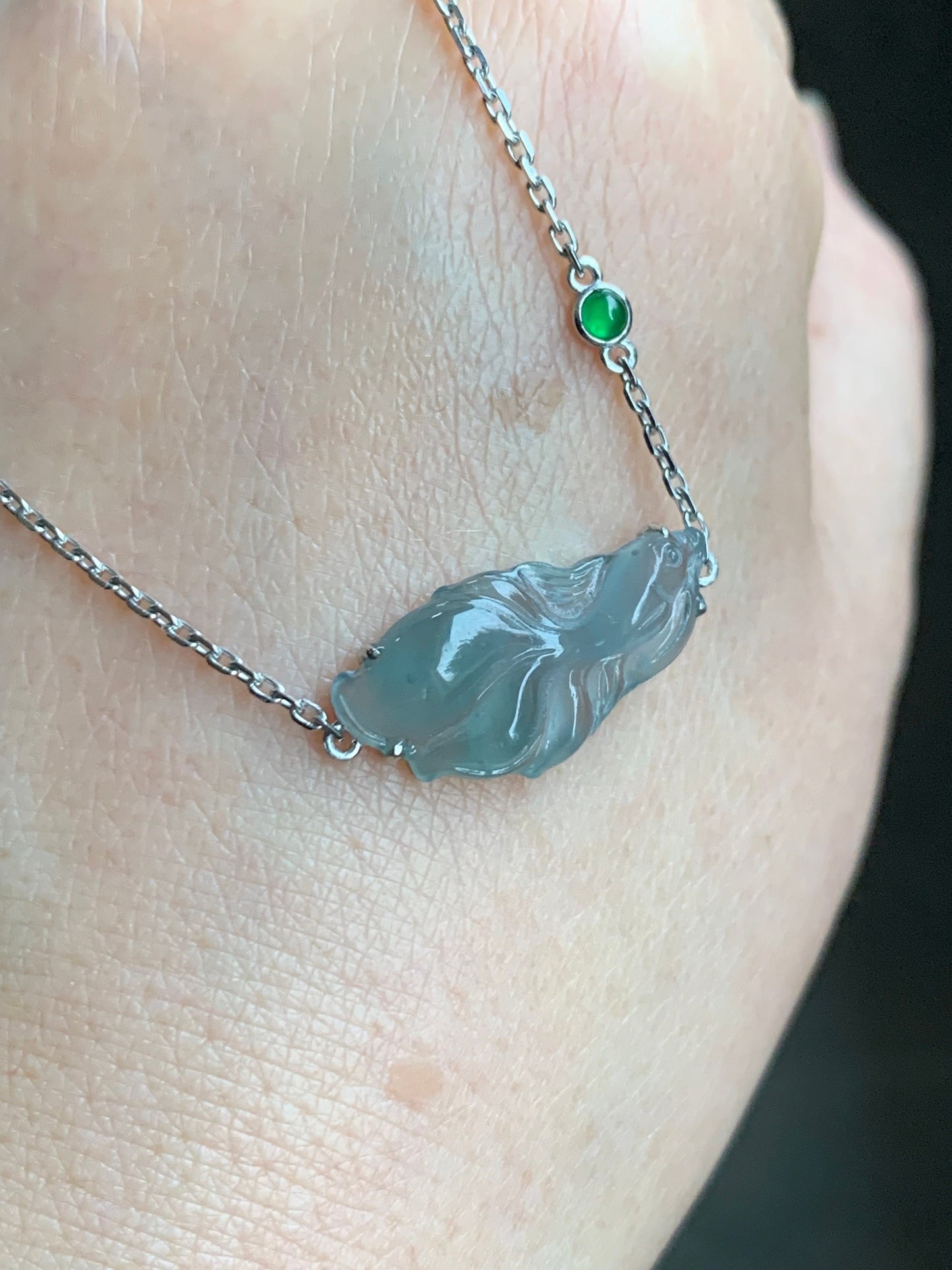 Certified Natural Guatemalan Icy Highly Translucent Dusty Blue Jadeite Betta Fish Bracelet 18K White Gold 6.25”-7.25” 天然冰危淡蓝翡翠斗鱼金镶手链 345