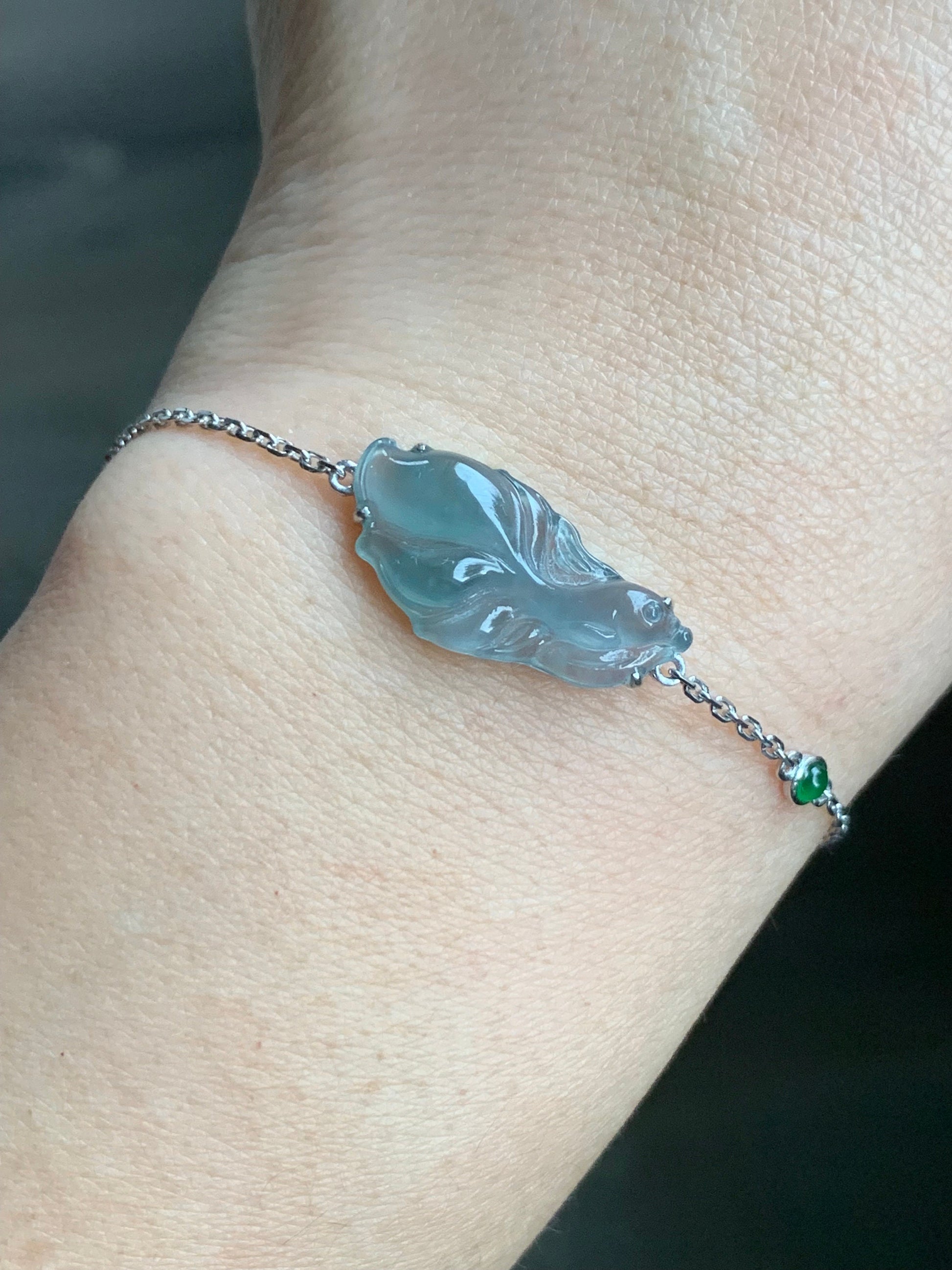 Certified Natural Guatemalan Icy Highly Translucent Dusty Blue Jadeite Betta Fish Bracelet 18K White Gold 6.25”-7.25” 天然冰危淡蓝翡翠斗鱼金镶手链 345