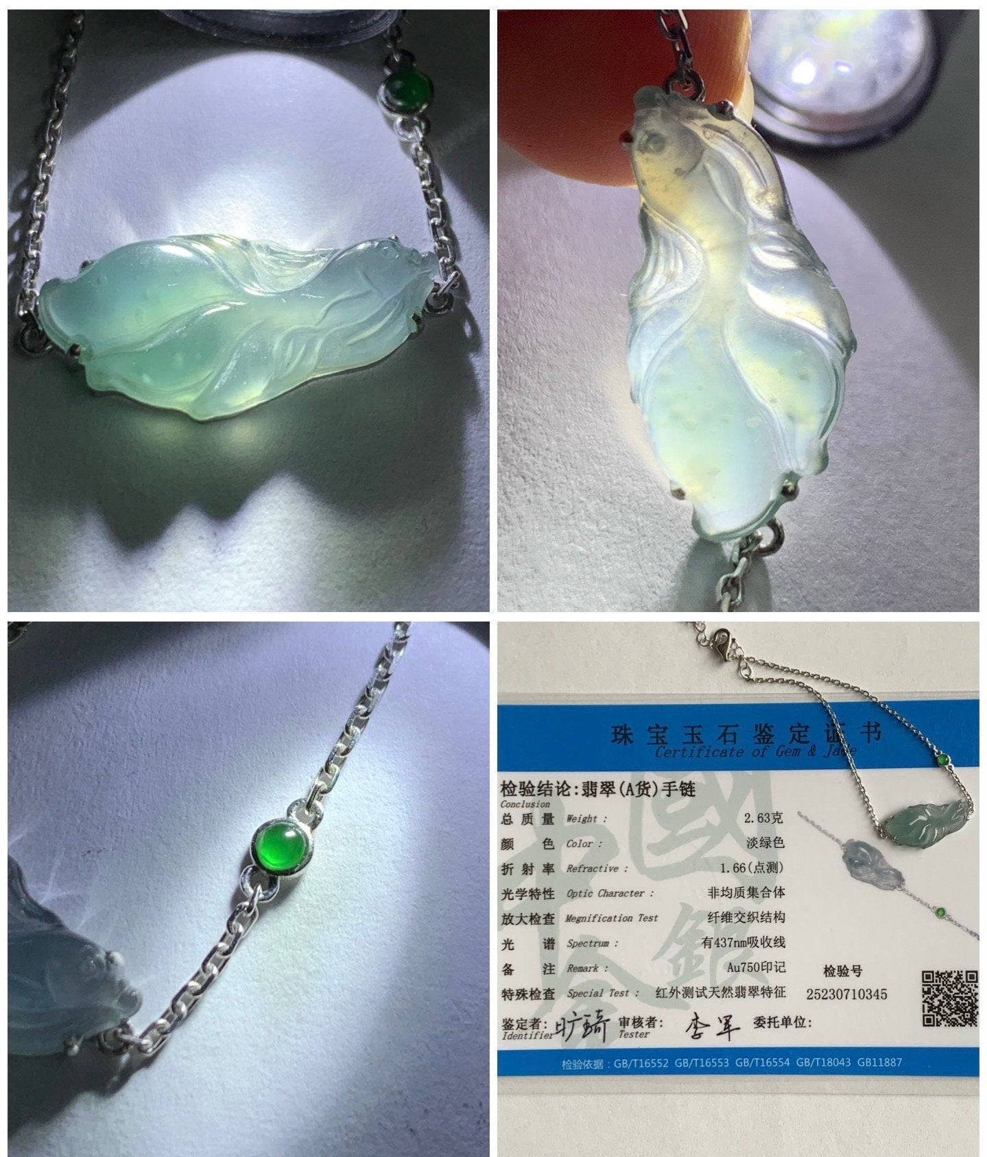 Certified Natural Guatemalan Icy Highly Translucent Dusty Blue Jadeite Betta Fish Bracelet 18K White Gold 6.25”-7.25” 天然冰危淡蓝翡翠斗鱼金镶手链 345