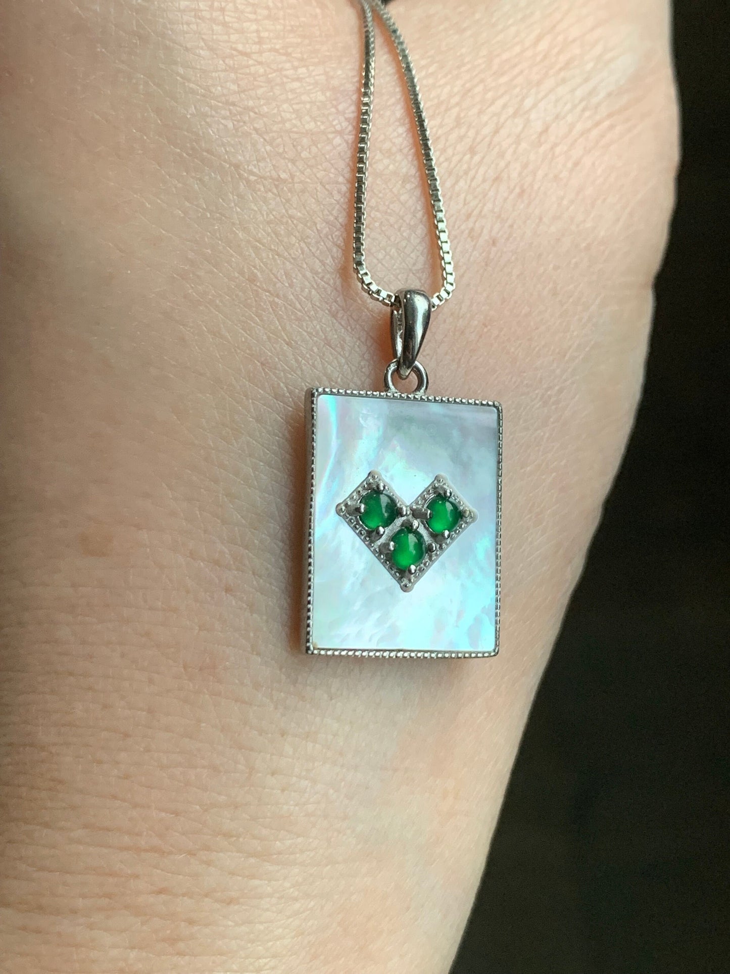 Natural Guatemalan Grade A Icy Vibrant Green Jadeite Mother of Pearl Pendant Sterling Silver 天然冰危绿翡翠贝母银镶吊坠