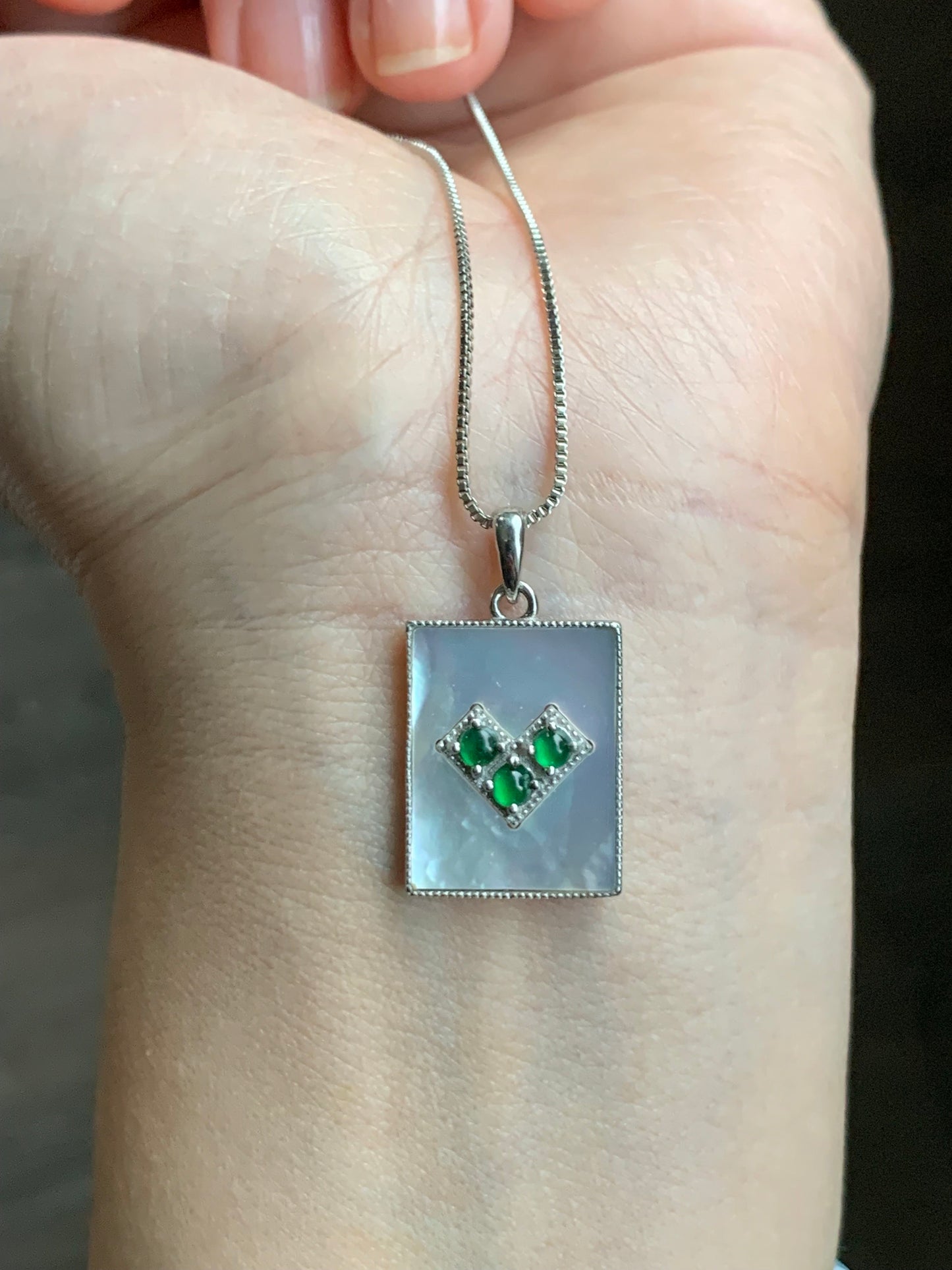 Natural Guatemalan Grade A Icy Vibrant Green Jadeite Mother of Pearl Pendant Sterling Silver 天然冰危绿翡翠贝母银镶吊坠
