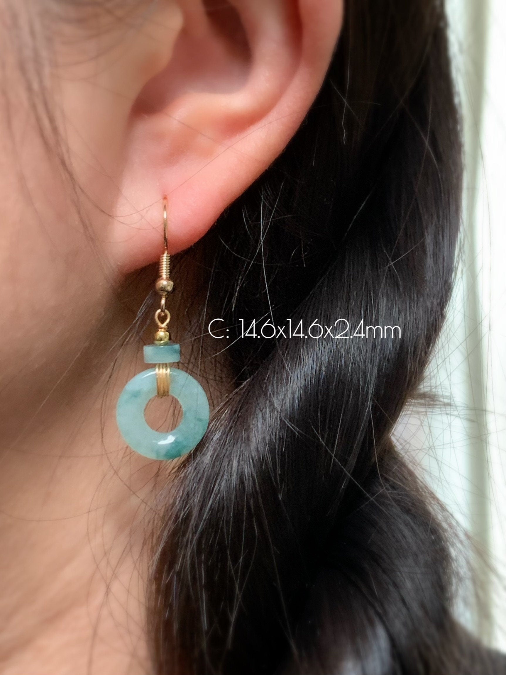 Natural Burmese Icy Translucent light green Jadeite w/ Green Marbling Ping An Kou Donut Dangle Earrings 14K Gold Plated 天然缅甸冰飘花翡翠平安扣包金耳吊