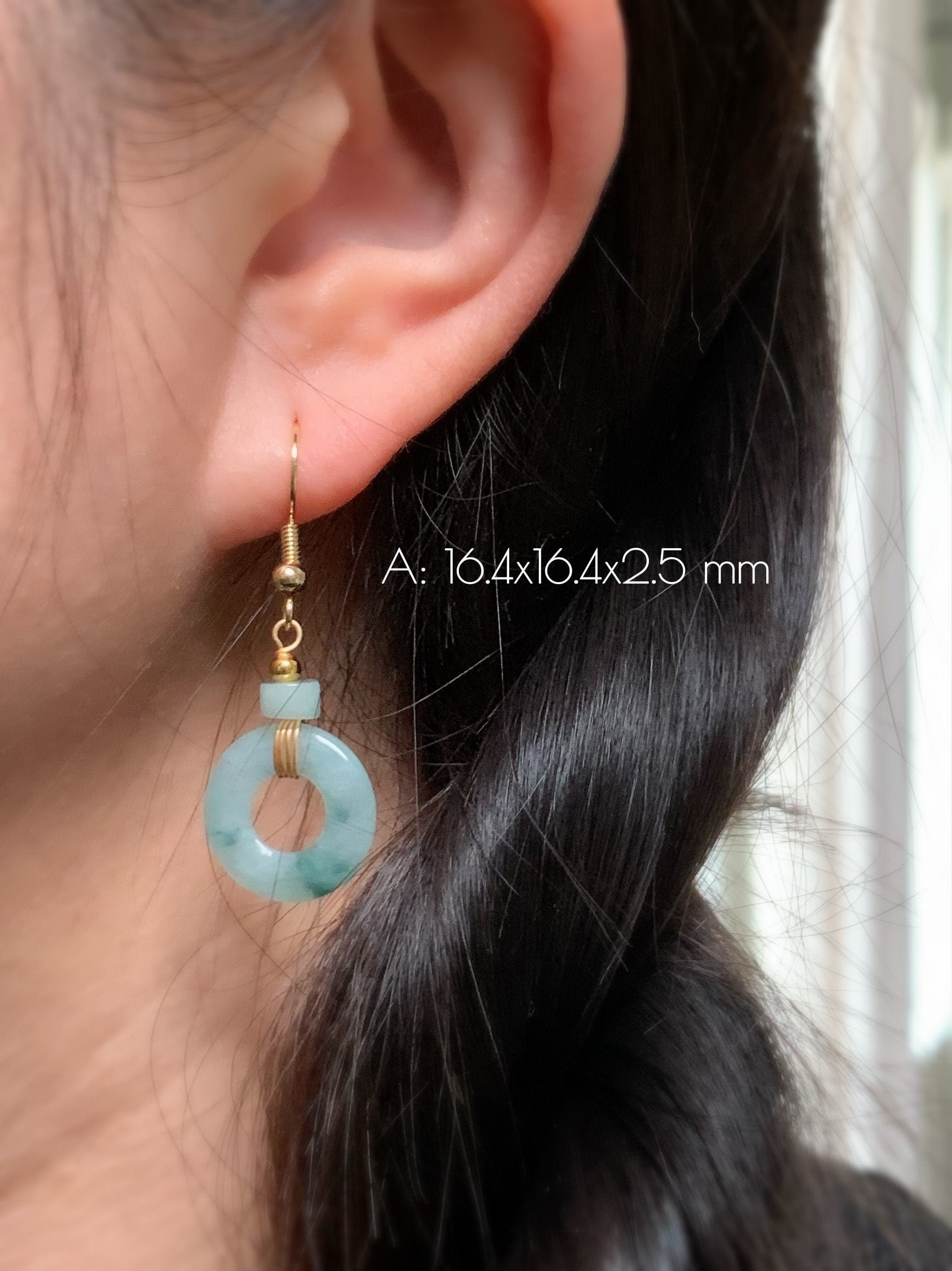 Natural Burmese Icy Translucent light green Jadeite w/ Green Marbling Ping An Kou Donut Dangle Earrings 14K Gold Plated 天然缅甸冰飘花翡翠平安扣包金耳吊