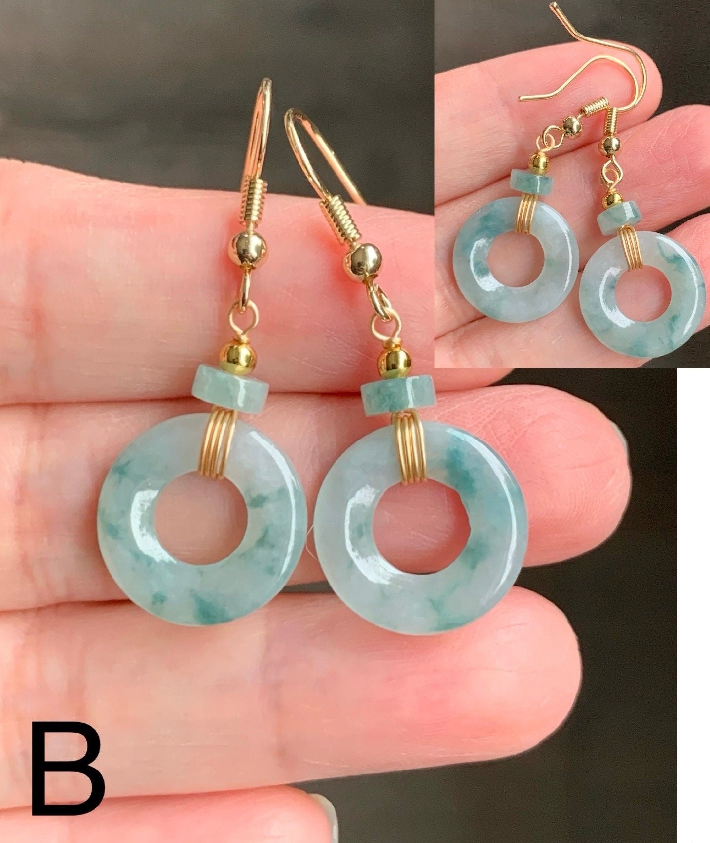 Natural Burmese Icy Translucent light green Jadeite w/ Green Marbling Ping An Kou Donut Dangle Earrings 14K Gold Plated 天然缅甸冰飘花翡翠平安扣包金耳吊