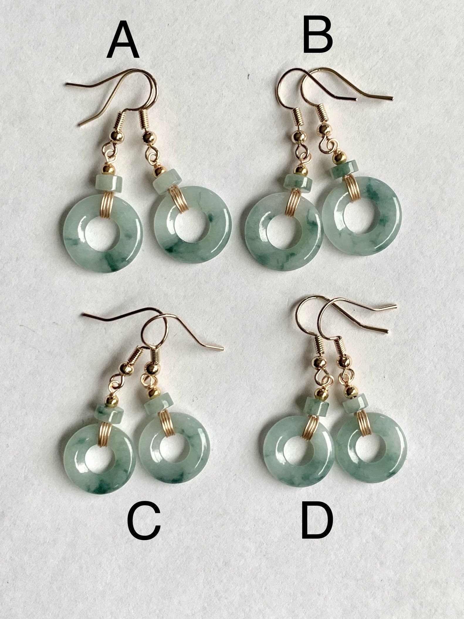 Natural Burmese Icy Translucent light green Jadeite w/ Green Marbling Ping An Kou Donut Dangle Earrings 14K Gold Plated 天然缅甸冰飘花翡翠平安扣包金耳吊