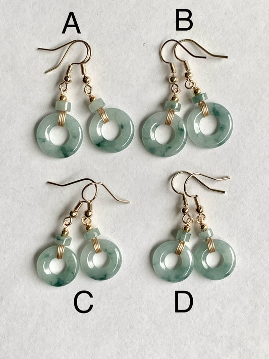 Natural Burmese Icy Translucent light green Jadeite w/ Green Marbling Ping An Kou Donut Dangle Earrings 14K Gold Plated 天然缅甸冰飘花翡翠平安扣包金耳吊