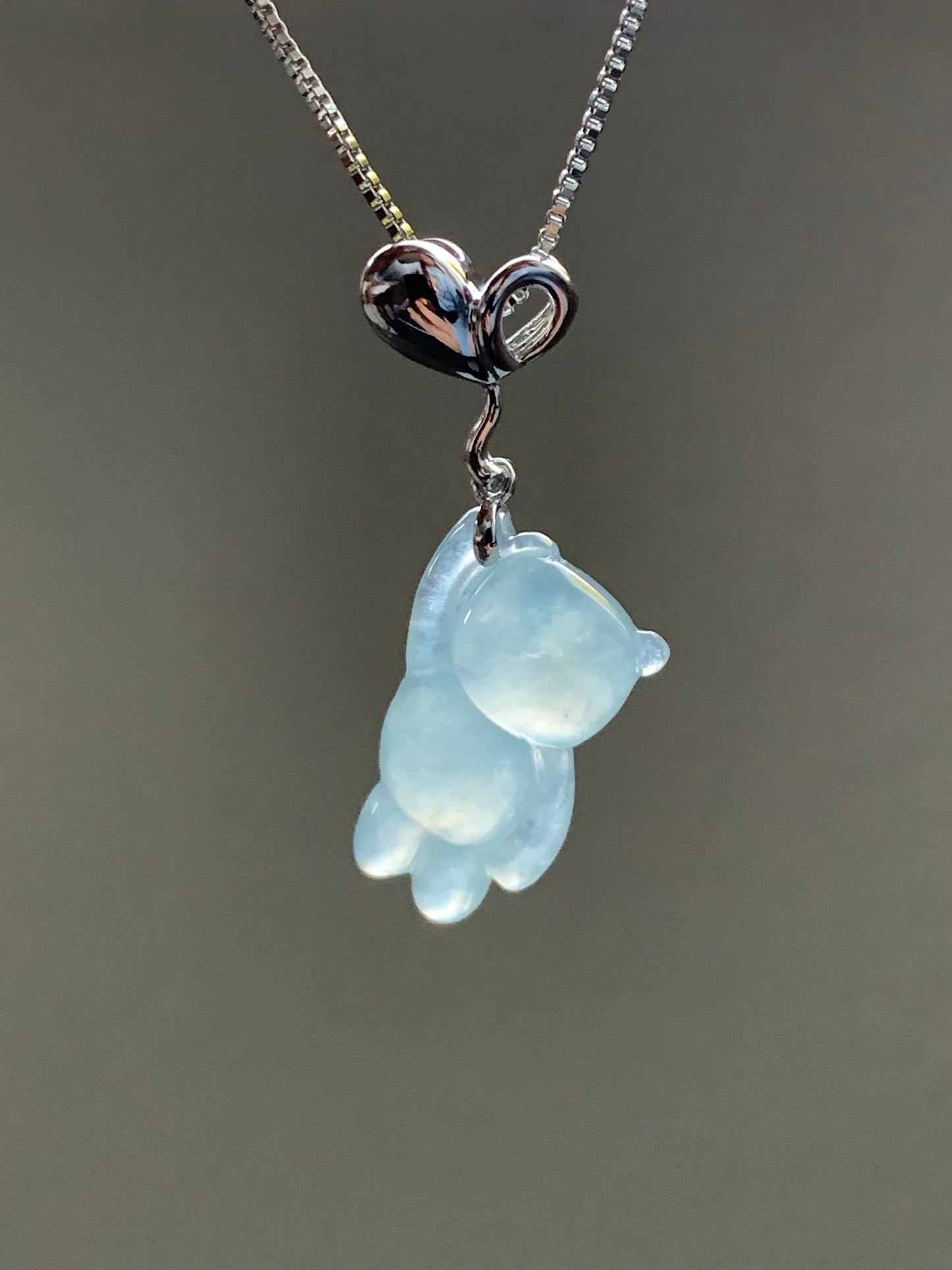 Certified Natural Burmese Icy Translucent Gelatinous White Jadeite Terry Bear w/ Heart Balloon Pendant 18K White Gold 天然缅甸冰胶翡翠小熊爱心气球吊坠 939