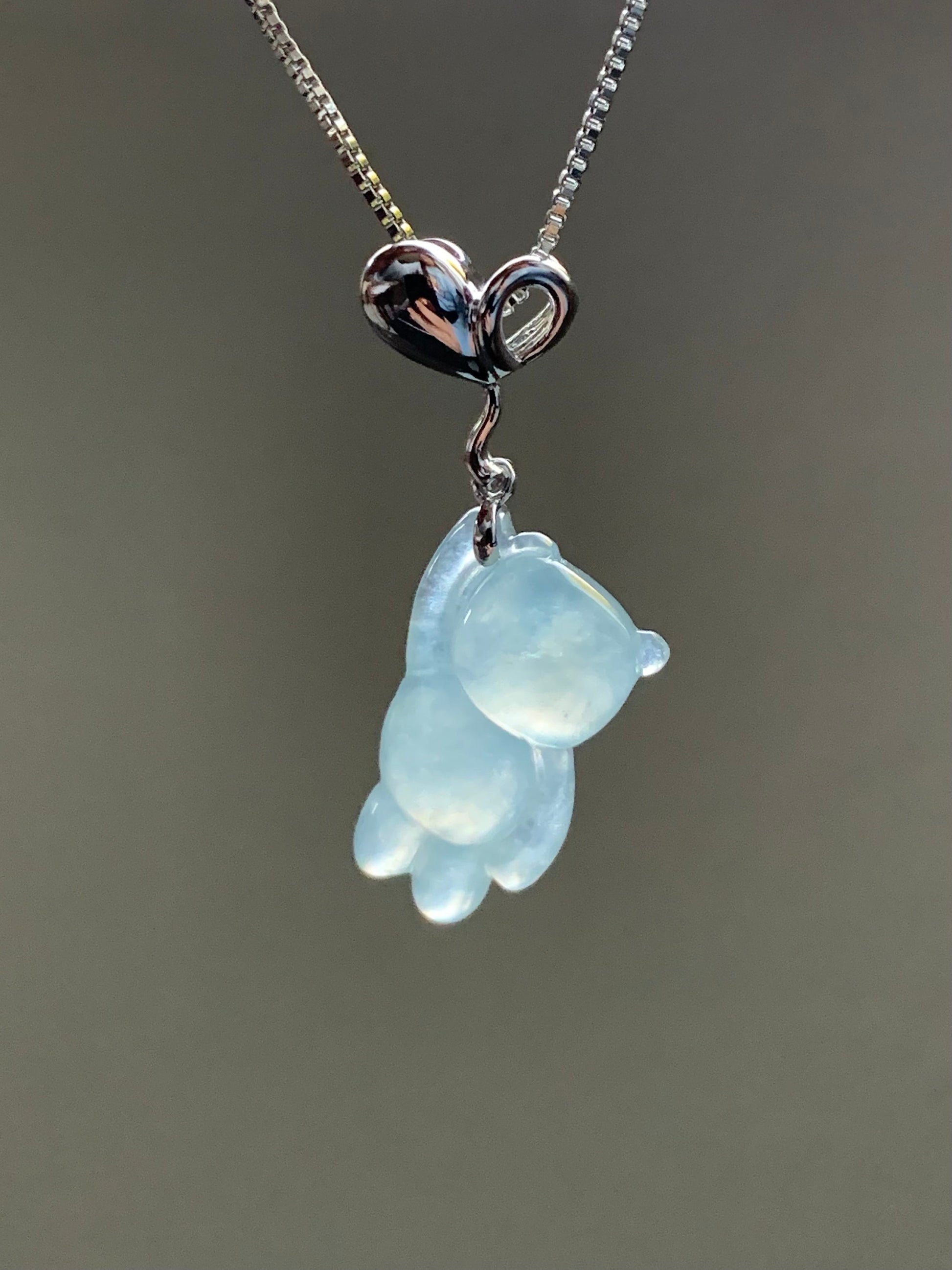 Certified Natural Burmese Icy Translucent Gelatinous White Jadeite Terry Bear w/ Heart Balloon Pendant 18K White Gold 天然缅甸冰胶翡翠小熊爱心气球吊坠 939