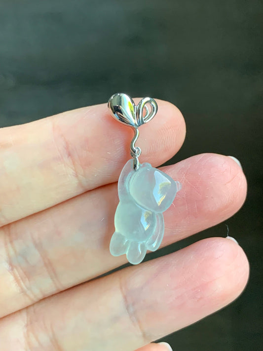 Certified Natural Burmese Icy Translucent Gelatinous White Jadeite Terry Bear w/ Heart Balloon Pendant 18K White Gold 天然缅甸冰胶翡翠小熊爱心气球吊坠 939