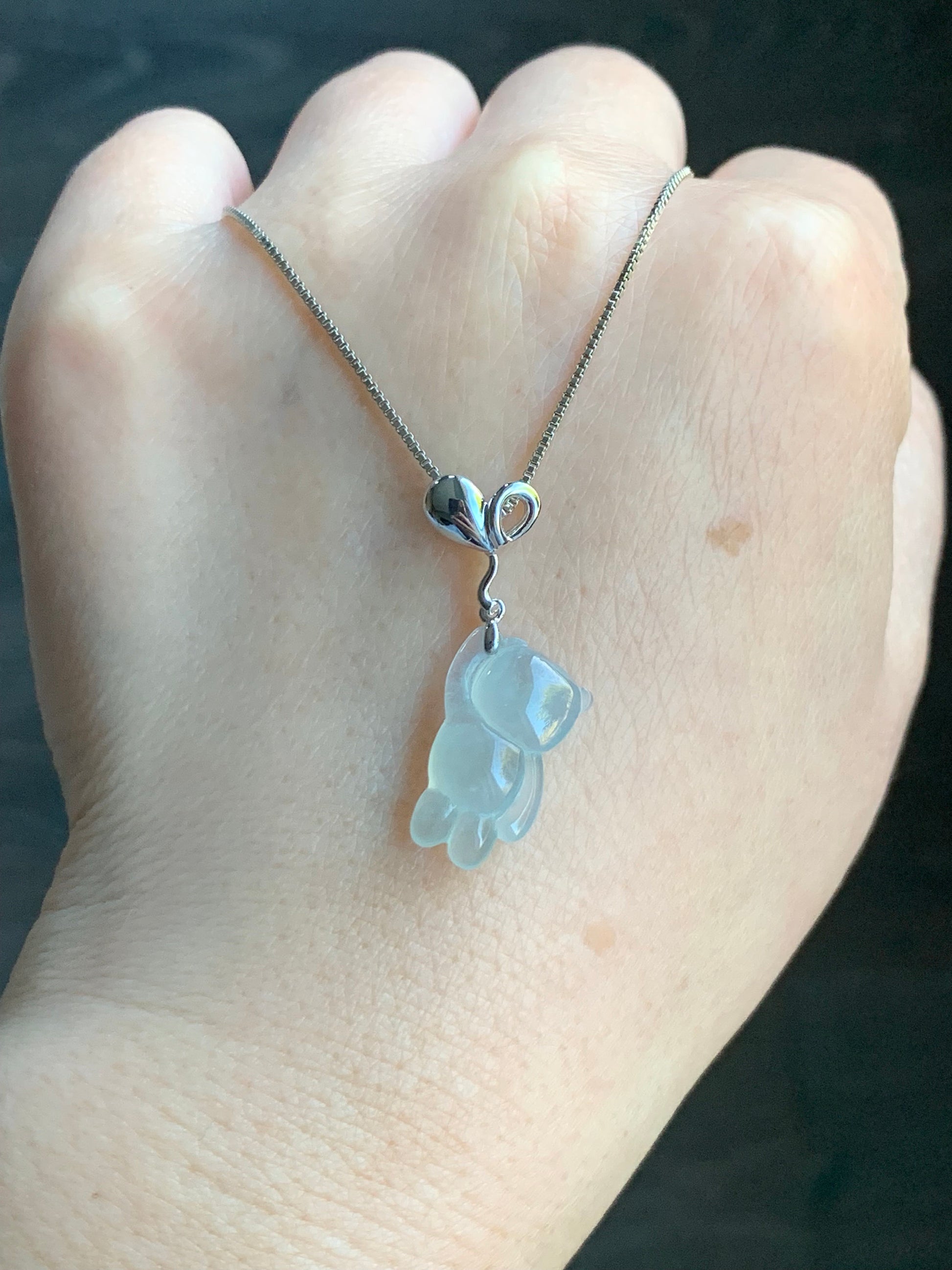Certified Natural Burmese Icy Translucent Gelatinous White Jadeite Terry Bear w/ Heart Balloon Pendant 18K White Gold 天然缅甸冰胶翡翠小熊爱心气球吊坠 939