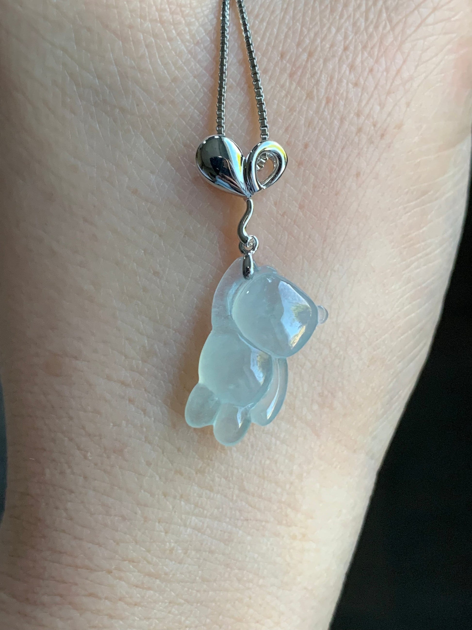 Certified Natural Burmese Icy Translucent Gelatinous White Jadeite Terry Bear w/ Heart Balloon Pendant 18K White Gold 天然缅甸冰胶翡翠小熊爱心气球吊坠 939