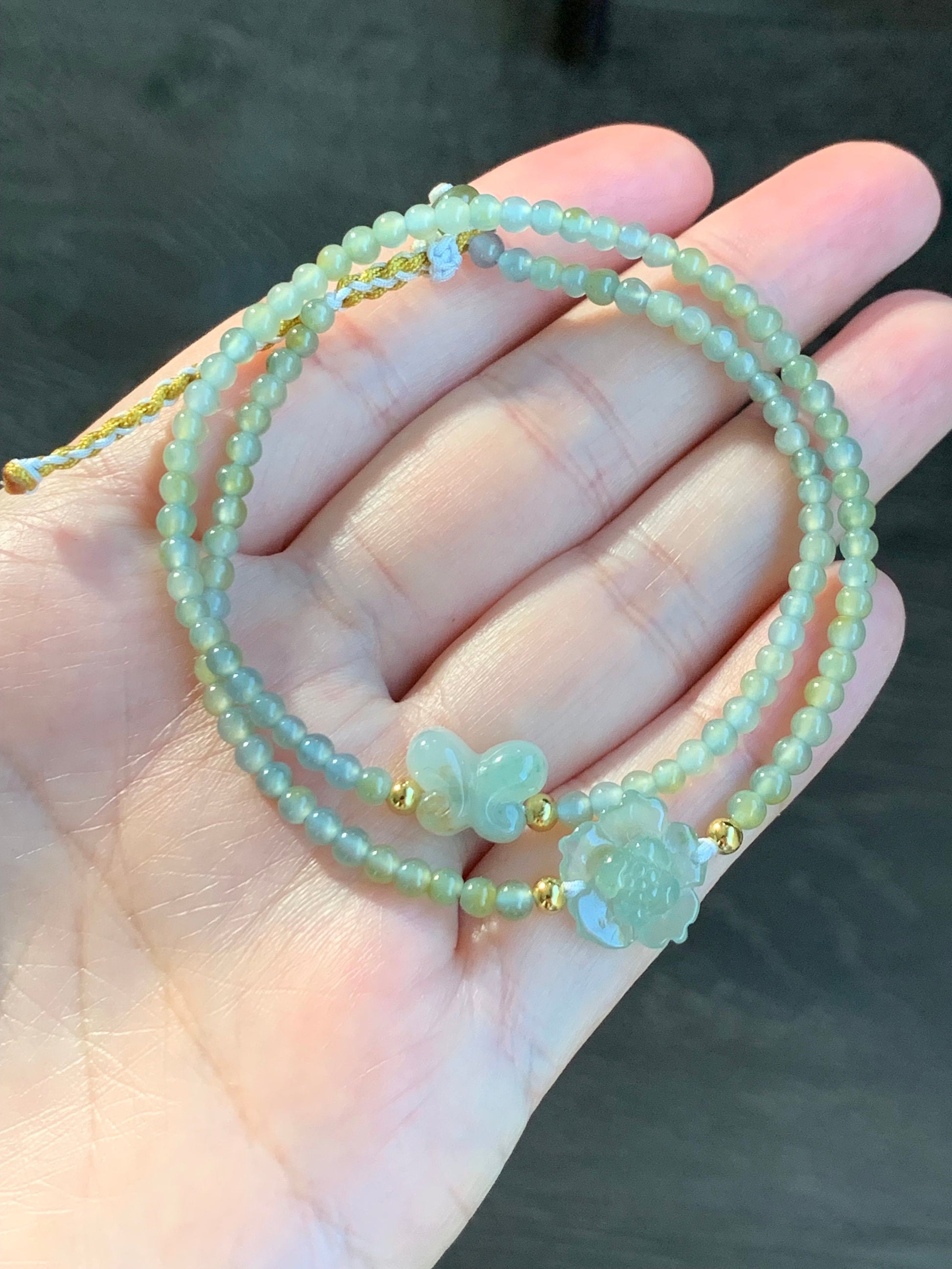 Natural Guatemalan Icy Light Blue Yellow Marbled Jadeite Lotus Flower & Butterfly Double Strand Bracelet Sterling Silver 天然冰危蓝黄翡翠莲花蝴蝶双圈手串