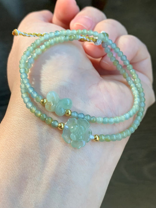 Natural Guatemalan Icy Light Blue Yellow Marbled Jadeite Lotus Flower & Butterfly Double Strand Bracelet Sterling Silver 天然冰危蓝黄翡翠莲花蝴蝶双圈手串
