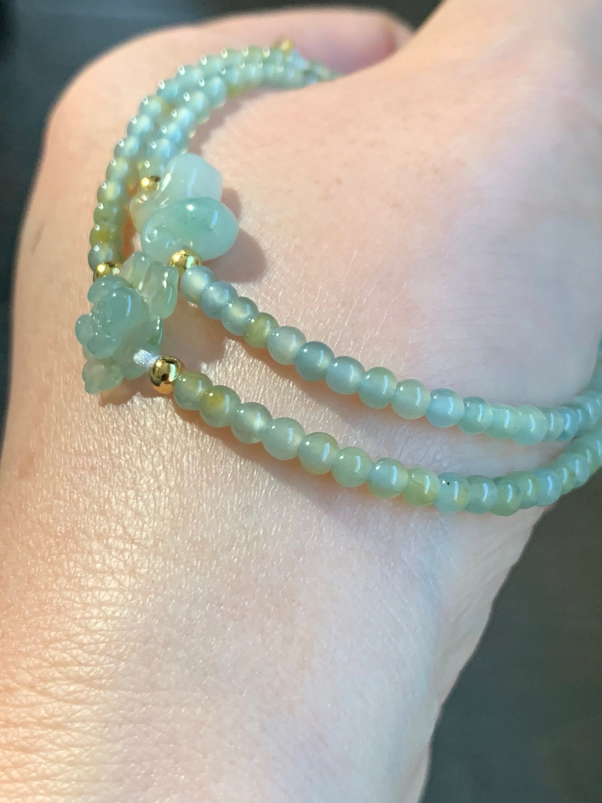Natural Guatemalan Icy Light Blue Yellow Marbled Jadeite Lotus Flower & Butterfly Double Strand Bracelet Sterling Silver 天然冰危蓝黄翡翠莲花蝴蝶双圈手串