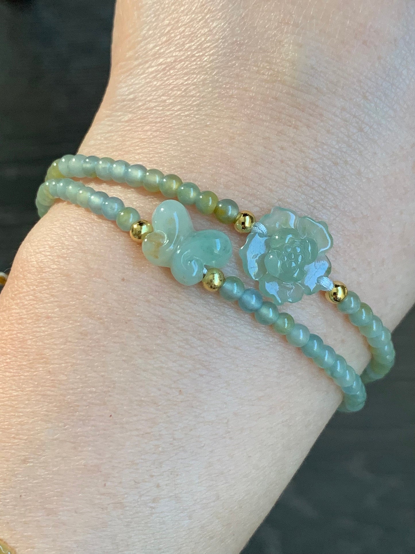 Natural Guatemalan Icy Light Blue Yellow Marbled Jadeite Lotus Flower & Butterfly Double Strand Bracelet Sterling Silver 天然冰危蓝黄翡翠莲花蝴蝶双圈手串