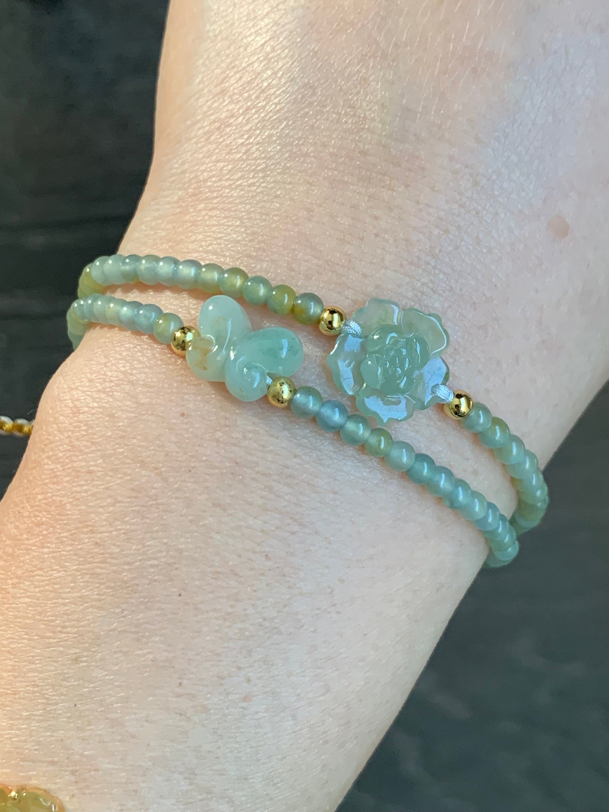 Natural Guatemalan Icy Light Blue Yellow Marbled Jadeite Lotus Flower & Butterfly Double Strand Bracelet Sterling Silver 天然冰危蓝黄翡翠莲花蝴蝶双圈手串