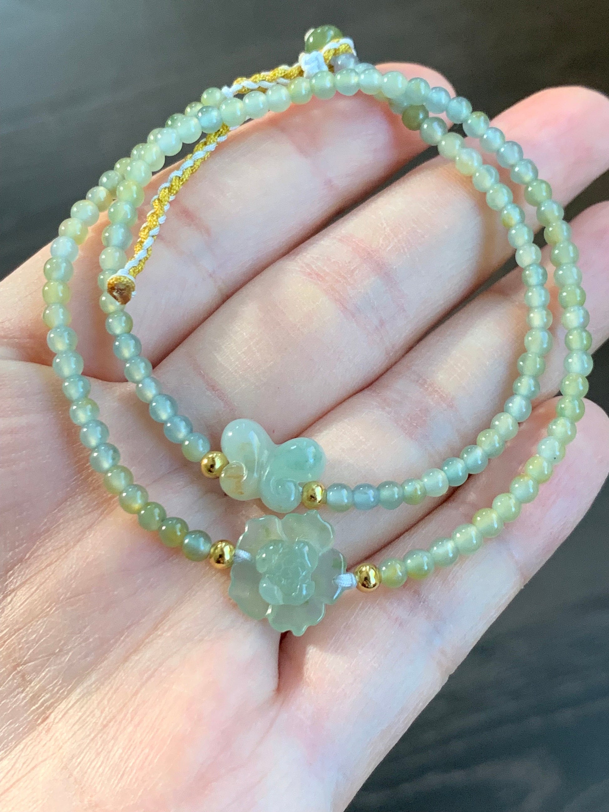 Natural Guatemalan Icy Light Blue Yellow Marbled Jadeite Lotus Flower & Butterfly Double Strand Bracelet Sterling Silver 天然冰危蓝黄翡翠莲花蝴蝶双圈手串