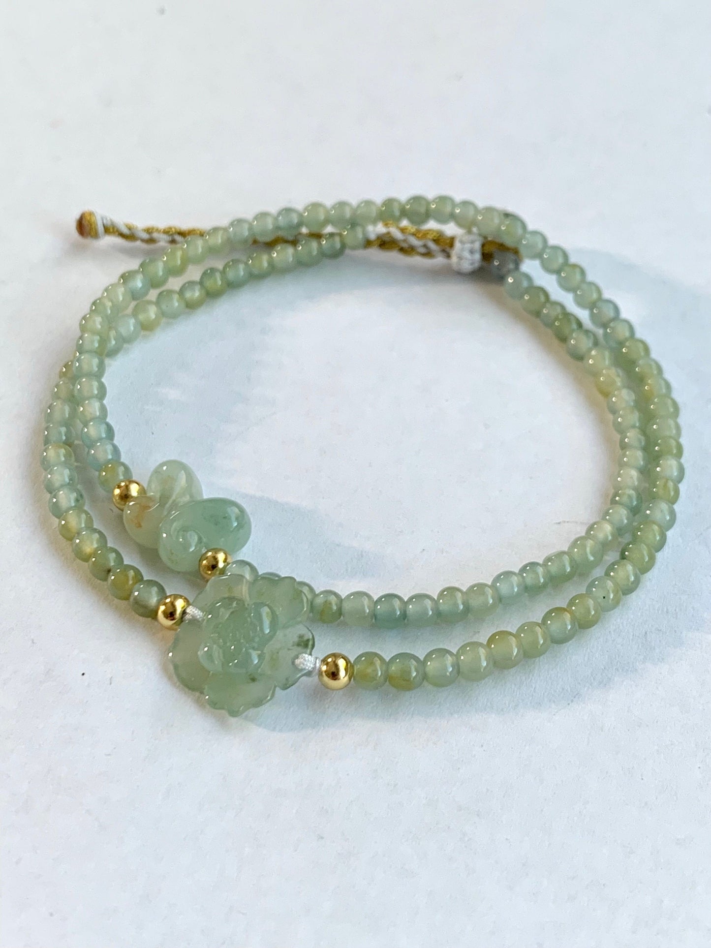 Natural Guatemalan Icy Light Blue Yellow Marbled Jadeite Lotus Flower & Butterfly Double Strand Bracelet Sterling Silver 天然冰危蓝黄翡翠莲花蝴蝶双圈手串