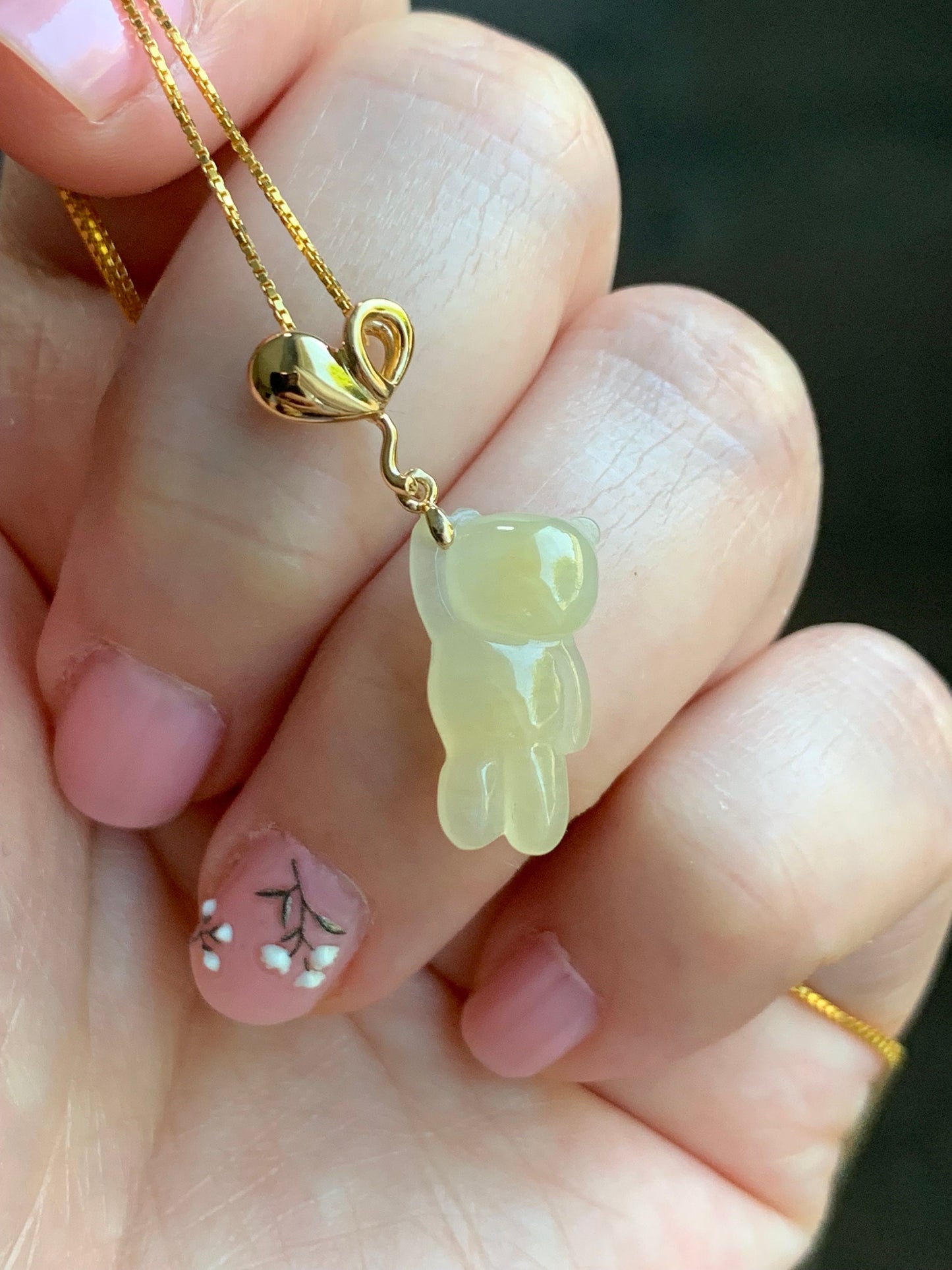 Certified Natural Burmese Icy Translucent Gelatinous Yellow Jadeite Terry Bear w/ Heart Balloon Pendant 18K Yellow Gold 天然缅甸冰胶翡翠小熊爱心气球吊坠 940