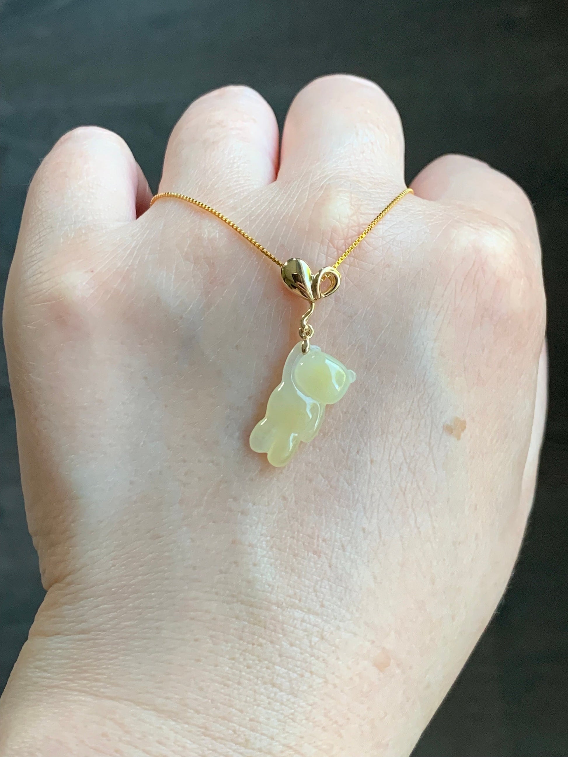 Certified Natural Burmese Icy Translucent Gelatinous Yellow Jadeite Terry Bear w/ Heart Balloon Pendant 18K Yellow Gold 天然缅甸冰胶翡翠小熊爱心气球吊坠 940