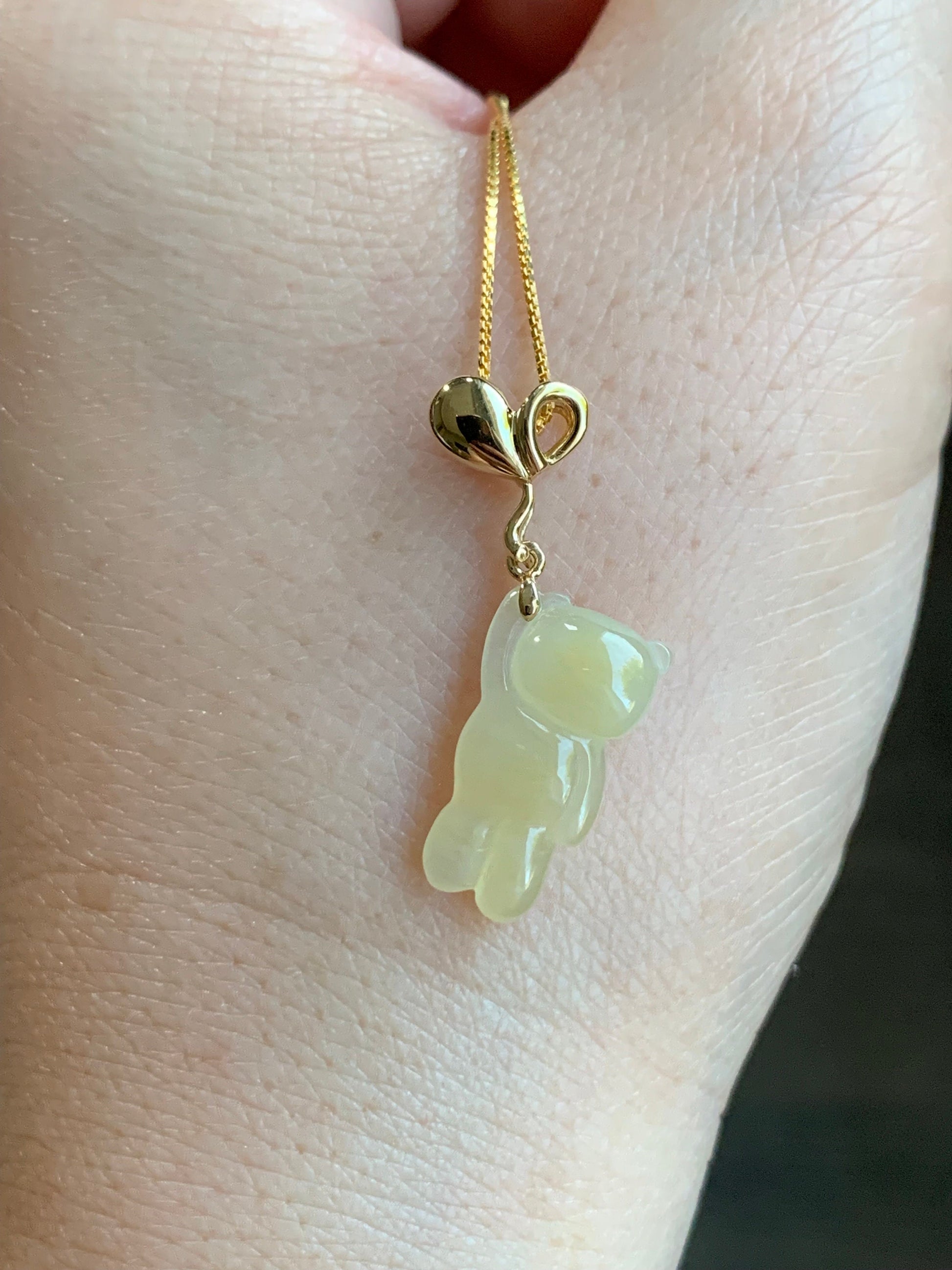 Certified Natural Burmese Icy Translucent Gelatinous Yellow Jadeite Terry Bear w/ Heart Balloon Pendant 18K Yellow Gold 天然缅甸冰胶翡翠小熊爱心气球吊坠 940