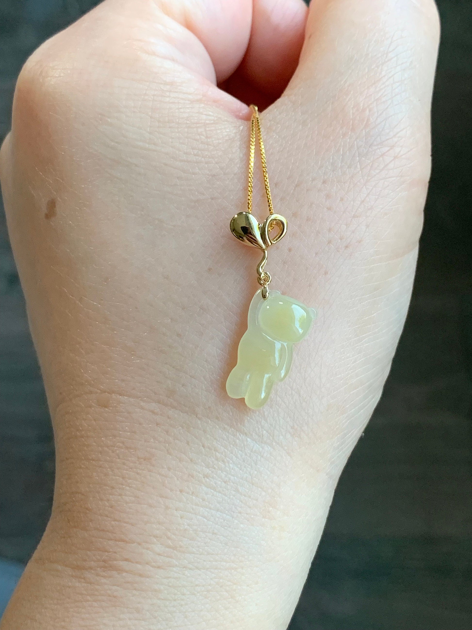 Certified Natural Burmese Icy Translucent Gelatinous Yellow Jadeite Terry Bear w/ Heart Balloon Pendant 18K Yellow Gold 天然缅甸冰胶翡翠小熊爱心气球吊坠 940