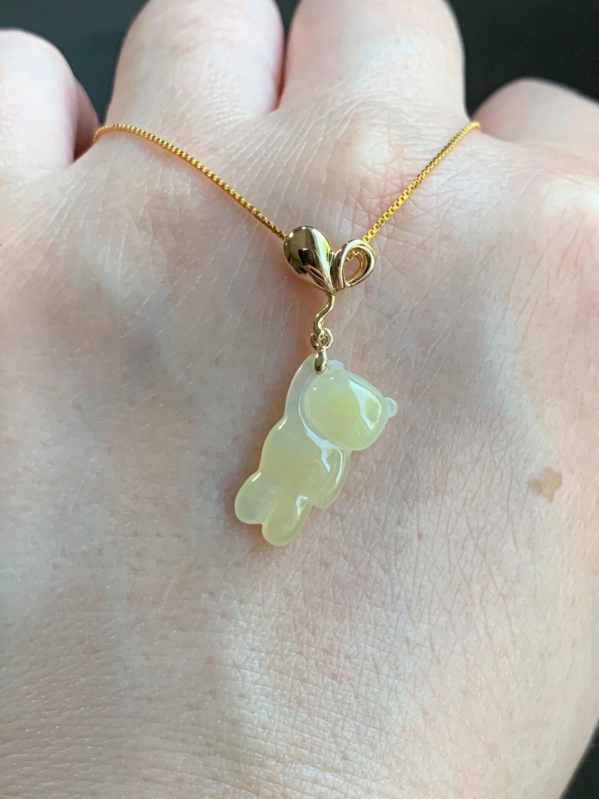 Certified Natural Burmese Icy Translucent Gelatinous Yellow Jadeite Terry Bear w/ Heart Balloon Pendant 18K Yellow Gold 天然缅甸冰胶翡翠小熊爱心气球吊坠 940
