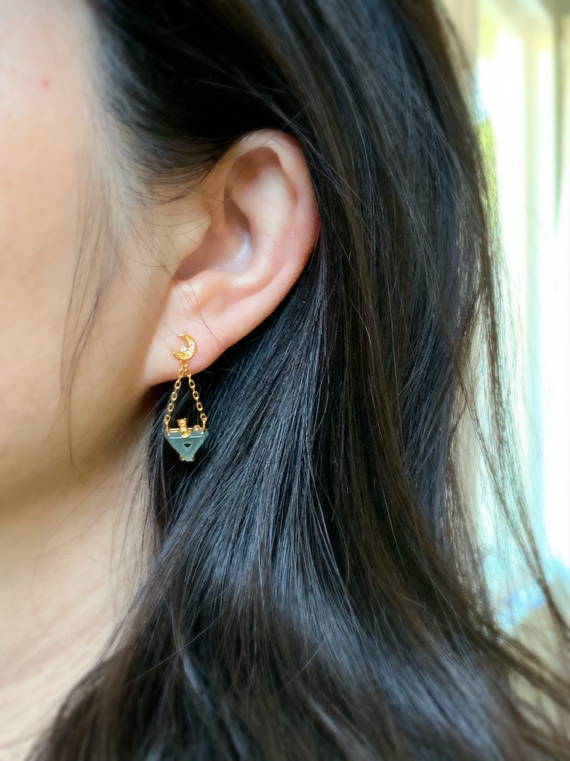 Natural Guatemalan Icy Highly Translucent Light Blue Jadeite Cat Stud Earrings S925 Sterling Silver Yellow Gold Finish 天然冰危淡蓝翡翠猫咪银镶耳钉