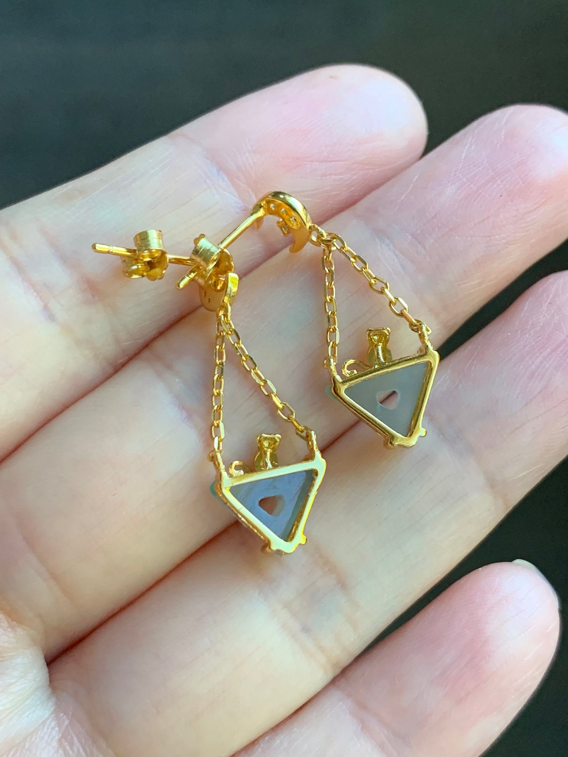 Natural Guatemalan Icy Highly Translucent Light Blue Jadeite Cat Stud Earrings S925 Sterling Silver Yellow Gold Finish 天然冰危淡蓝翡翠猫咪银镶耳钉