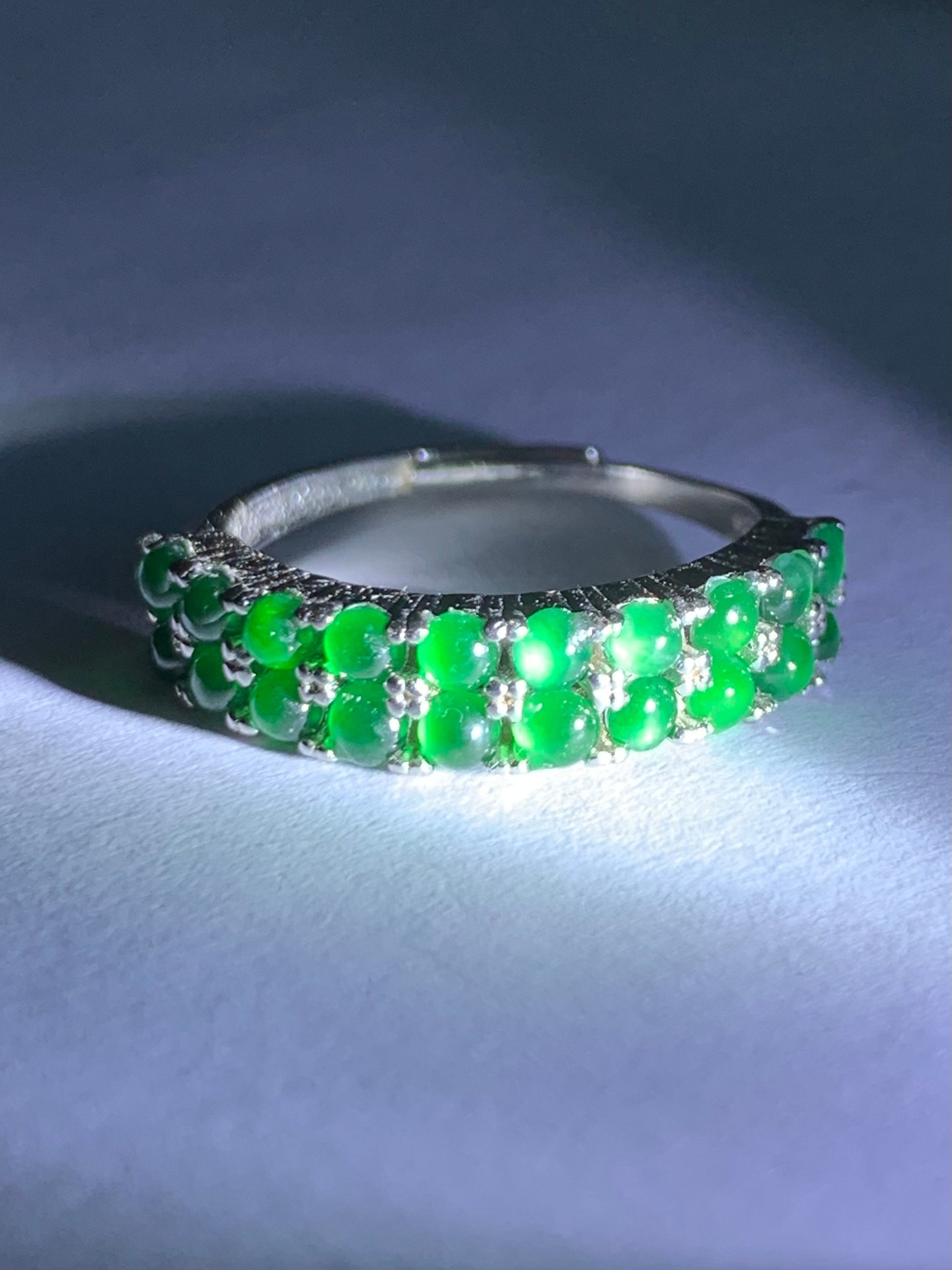 Natural Guatemalan Icy Vibrant Green Jadeite Double Band Ring S925 Sterling Silver Size Adjustable 天然高冰危绿翡翠银镶双排排戒 WLPJ220