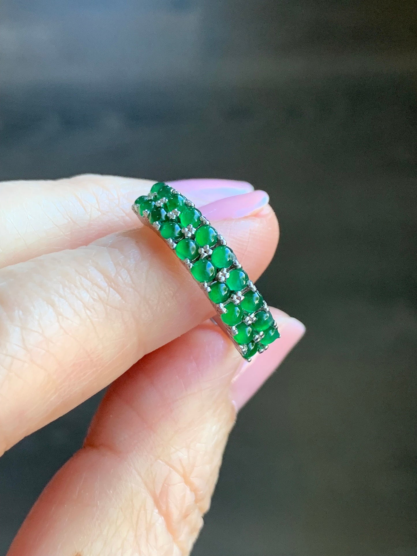 Natural Guatemalan Icy Vibrant Green Jadeite Double Band Ring S925 Sterling Silver Size Adjustable 天然高冰危绿翡翠银镶双排排戒 WLPJ220