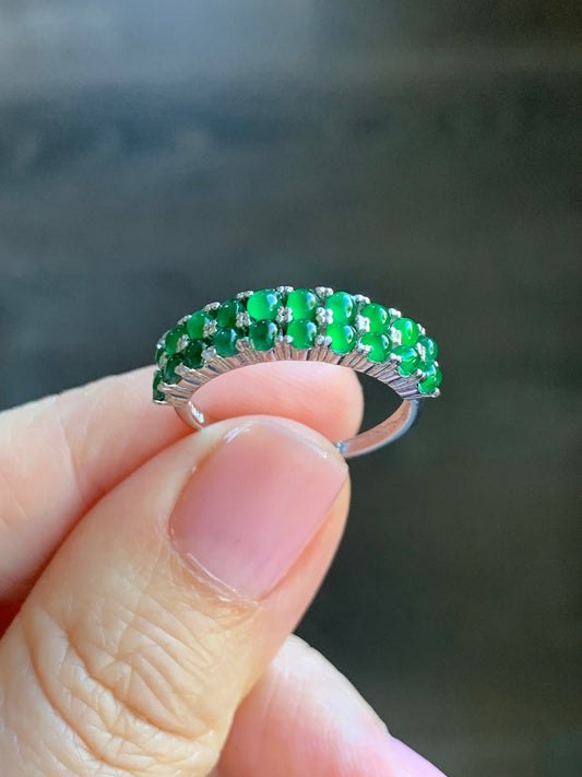 Natural Guatemalan Icy Vibrant Green Jadeite Double Band Ring S925 Sterling Silver Size Adjustable 天然高冰危绿翡翠银镶双排排戒 WLPJ220
