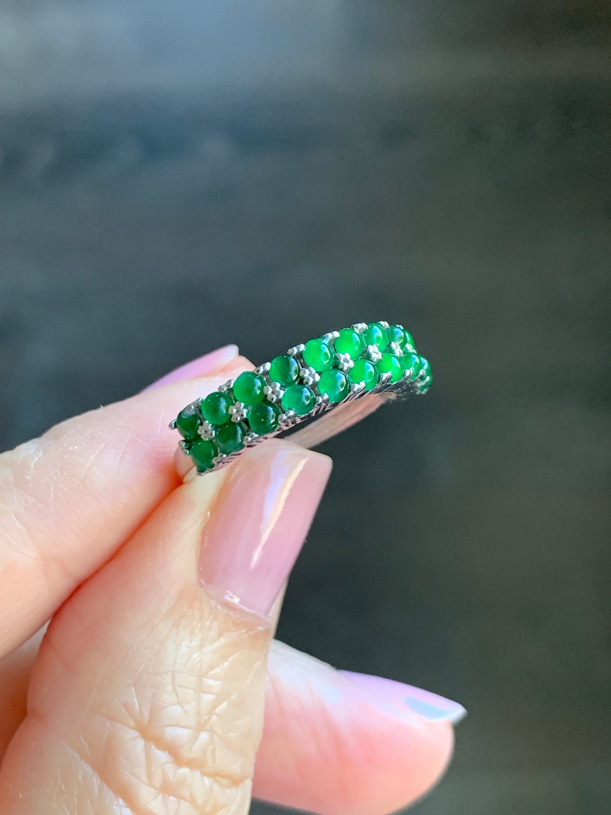 Natural Guatemalan Icy Vibrant Green Jadeite Double Band Ring S925 Sterling Silver Size Adjustable 天然高冰危绿翡翠银镶双排排戒 WLPJ220