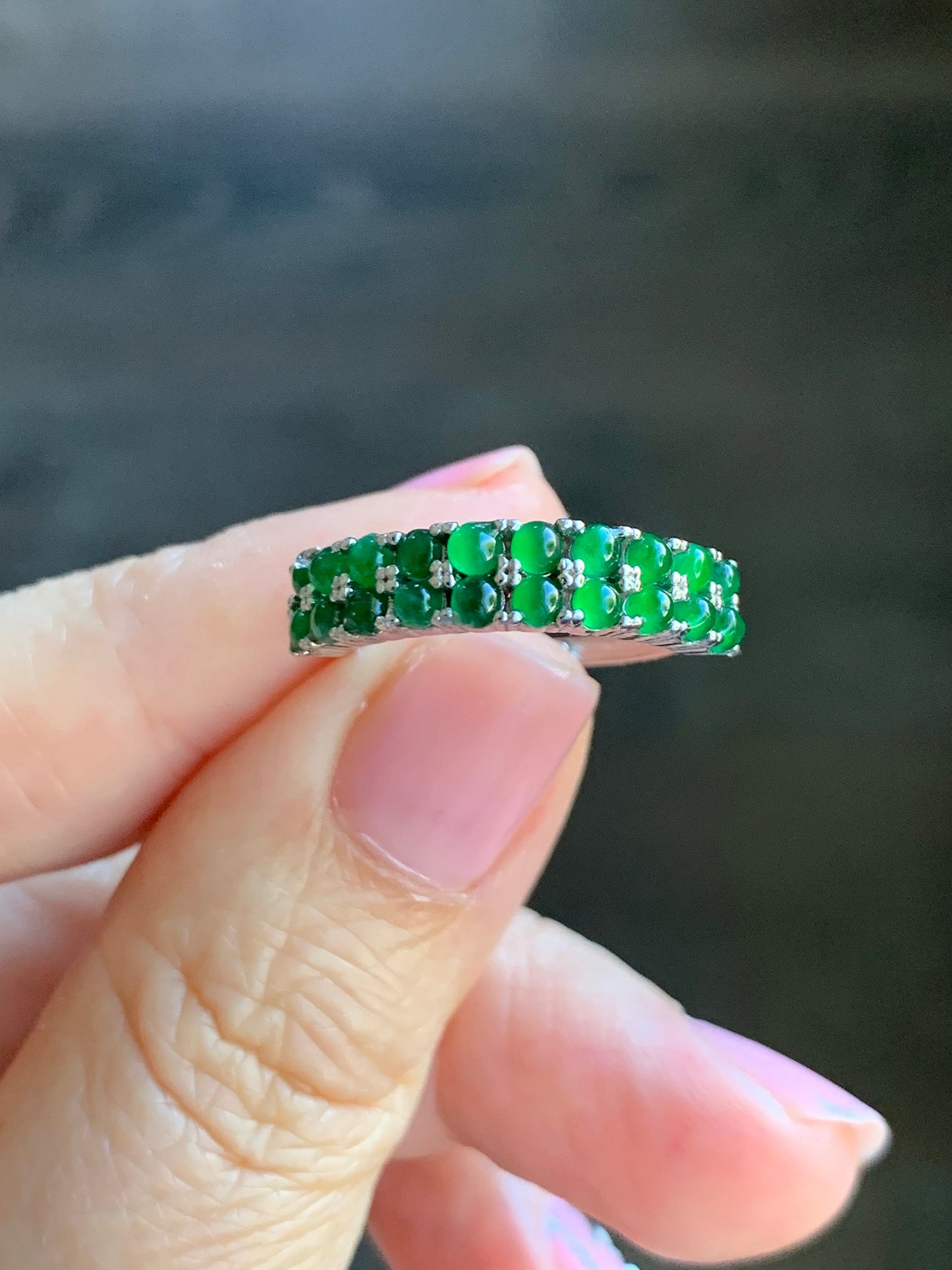 Natural Guatemalan Icy Vibrant Green Jadeite Double Band Ring S925 Sterling Silver Size Adjustable 天然高冰危绿翡翠银镶双排排戒 WLPJ220