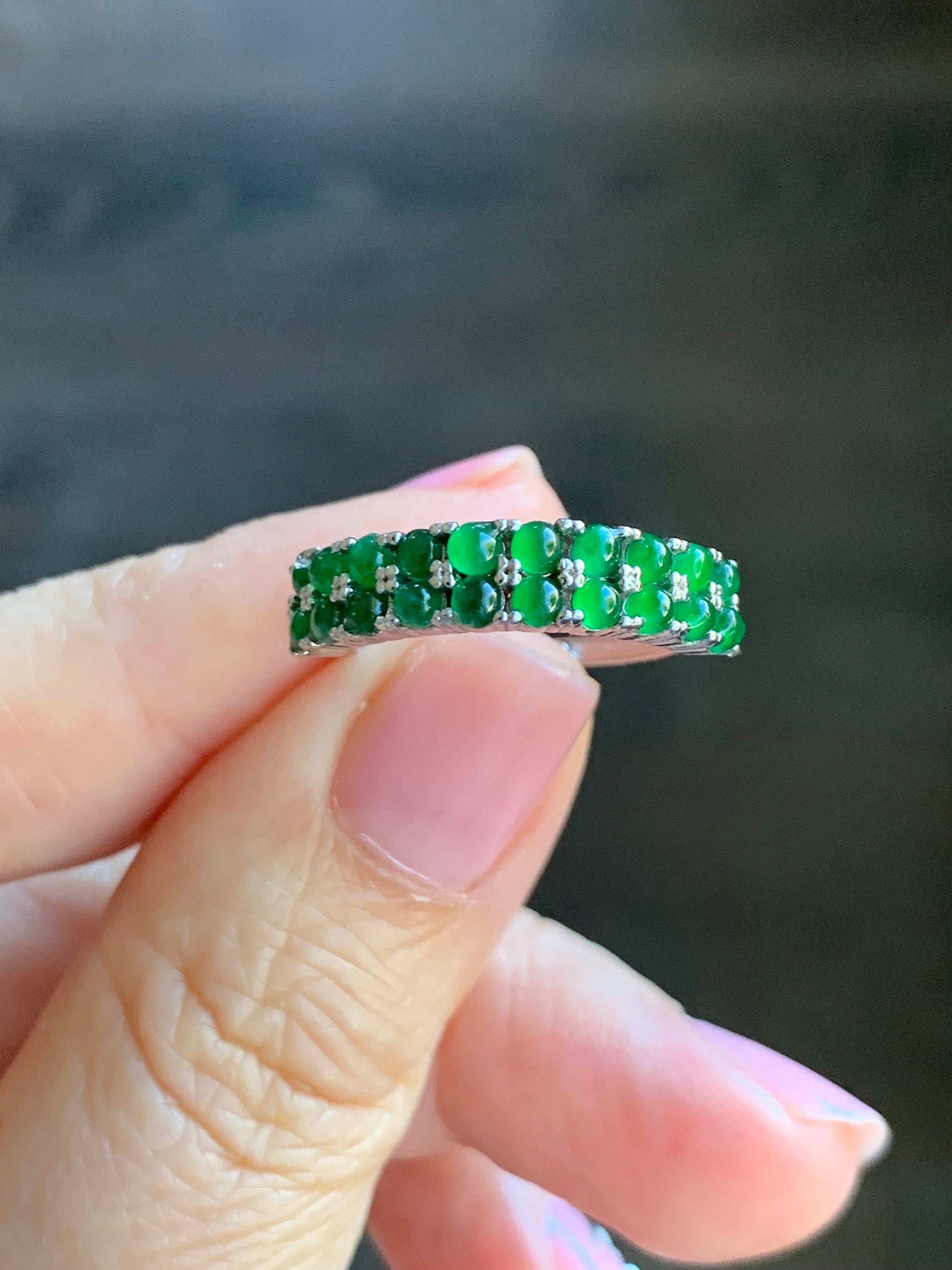 Natural Guatemalan Icy Vibrant Green Jadeite Double Band Ring S925 Sterling Silver Size Adjustable 天然高冰危绿翡翠银镶双排排戒 WLPJ220