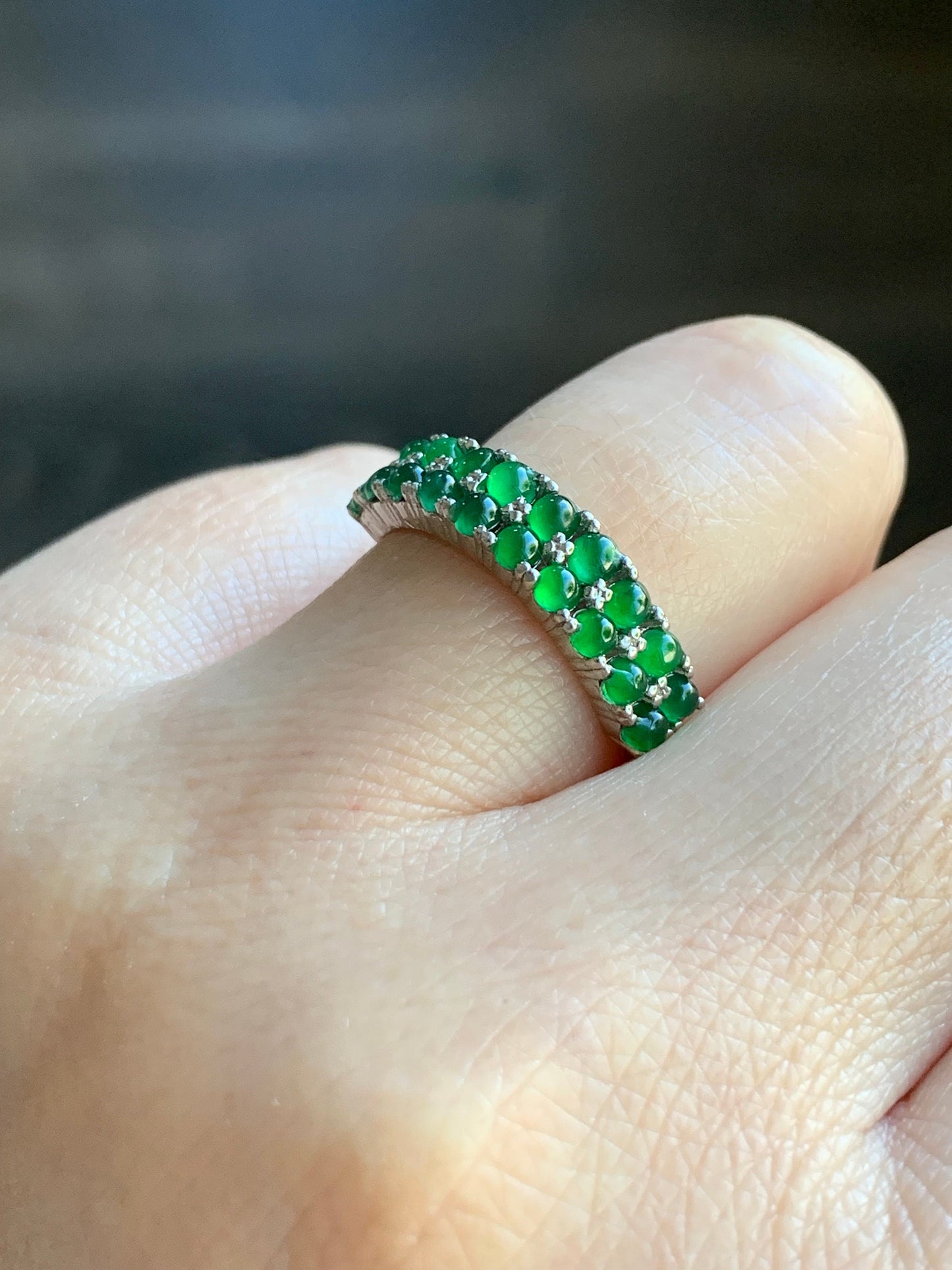 Natural Guatemalan Icy Vibrant Green Jadeite Double Band Ring S925 Sterling Silver Size Adjustable 天然高冰危绿翡翠银镶双排排戒 WLPJ220