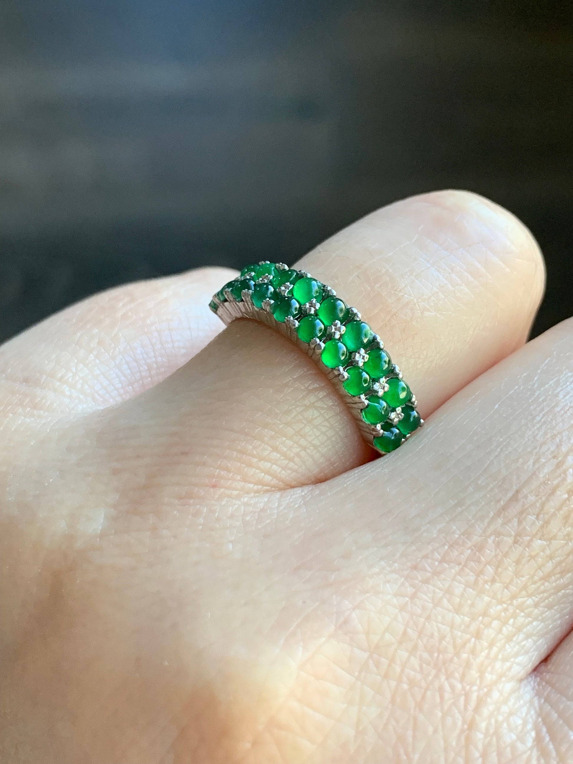 Natural Guatemalan Icy Vibrant Green Jadeite Double Band Ring S925 Sterling Silver Size Adjustable 天然高冰危绿翡翠银镶双排排戒 WLPJ220