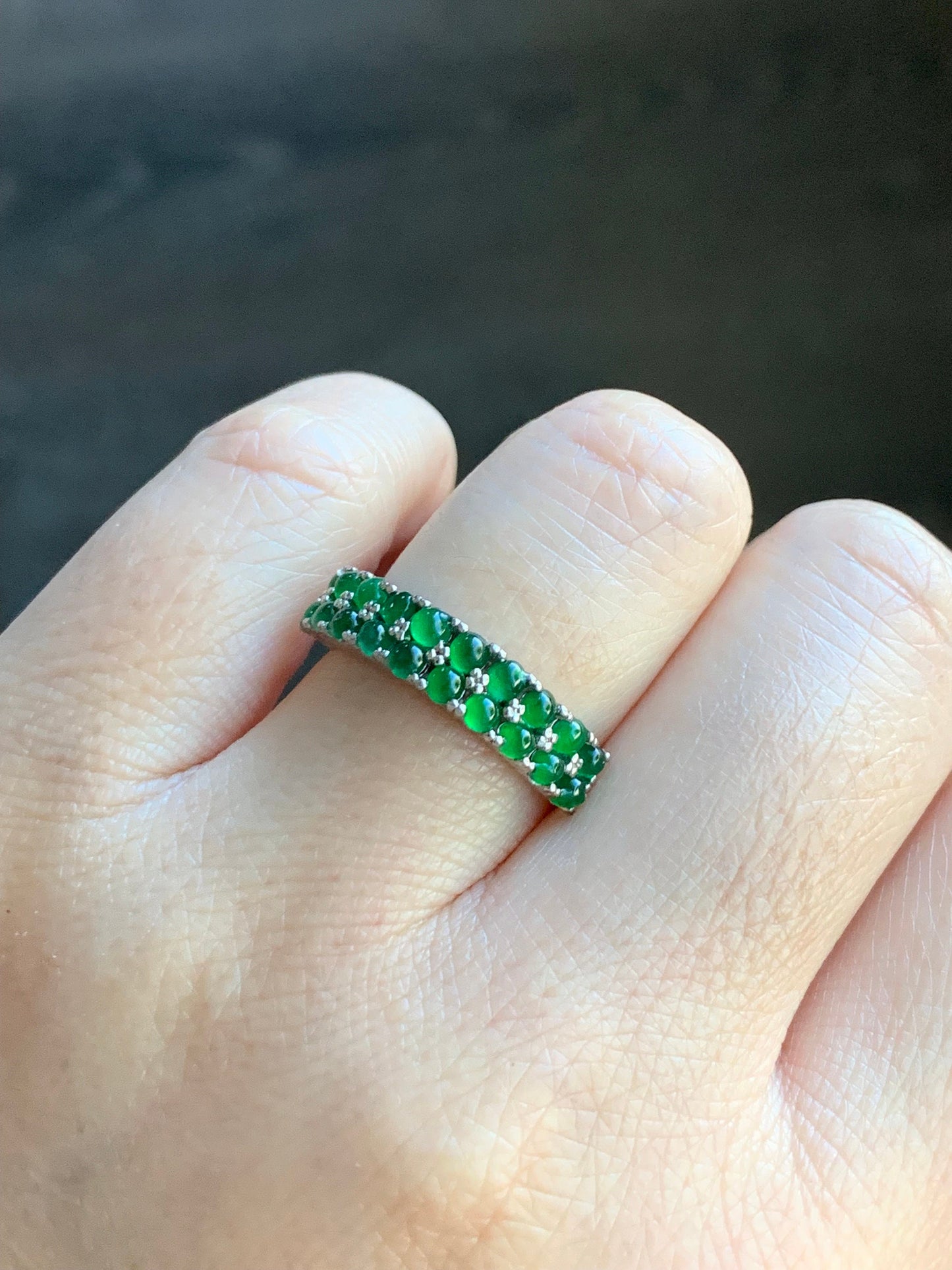 Natural Guatemalan Icy Vibrant Green Jadeite Double Band Ring S925 Sterling Silver Size Adjustable 天然高冰危绿翡翠银镶双排排戒 WLPJ220