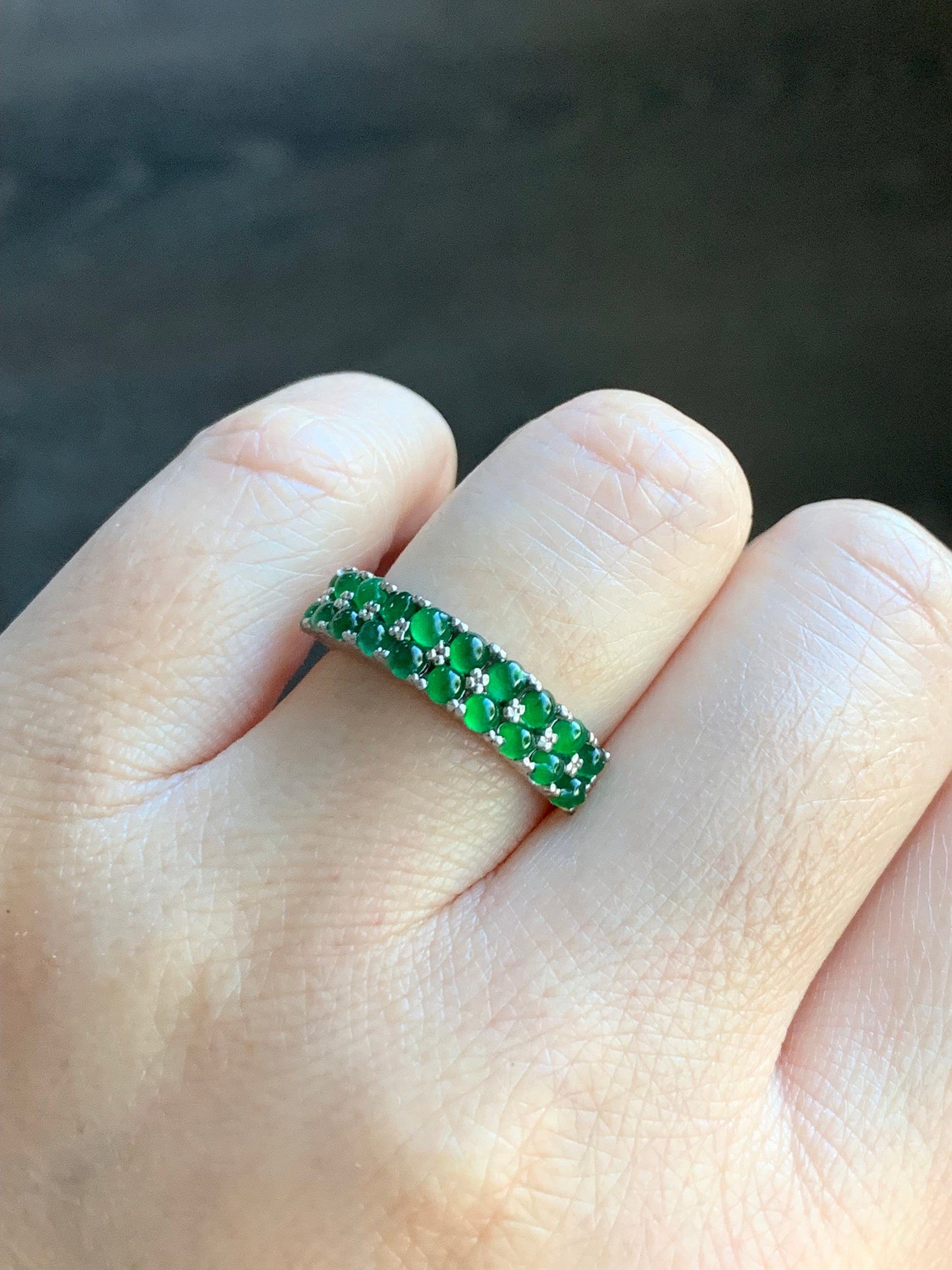 Natural Guatemalan Icy Vibrant Green Jadeite Double Band Ring S925 Sterling Silver Size Adjustable 天然高冰危绿翡翠银镶双排排戒 WLPJ220