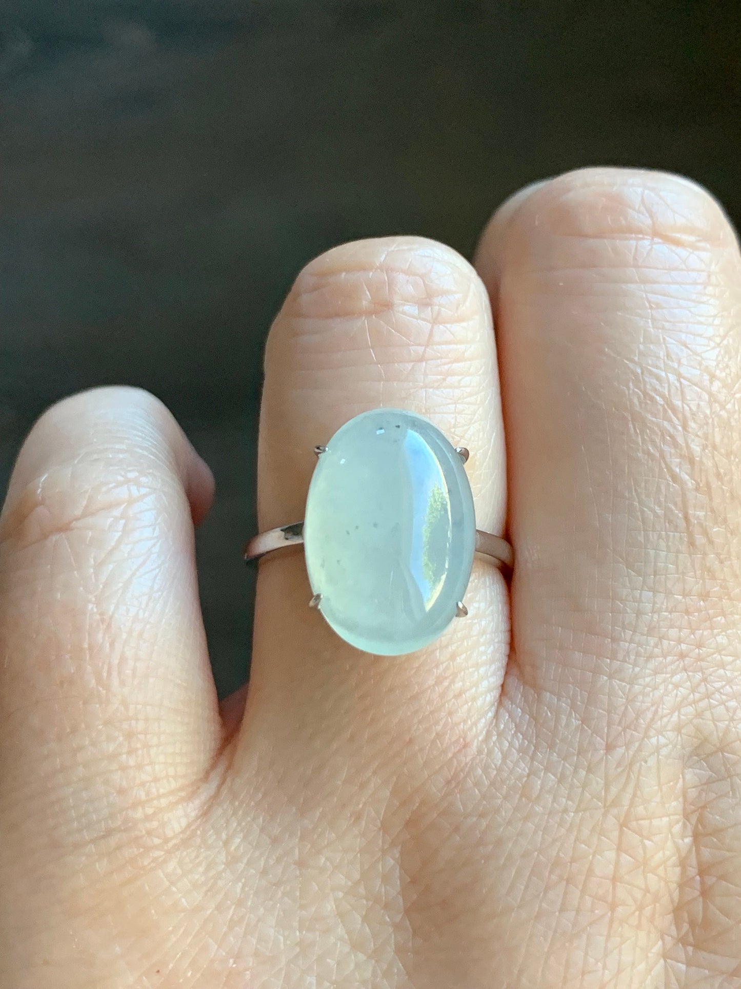 Natural Burmese Icy Translucent Gelatinous Large White Wuji Jadeite Solitaire Ring Sterling Silver Size Adjustable 天然缅甸冰胶白乌鸡翡翠蛋面银镶戒指 BWJ1228
