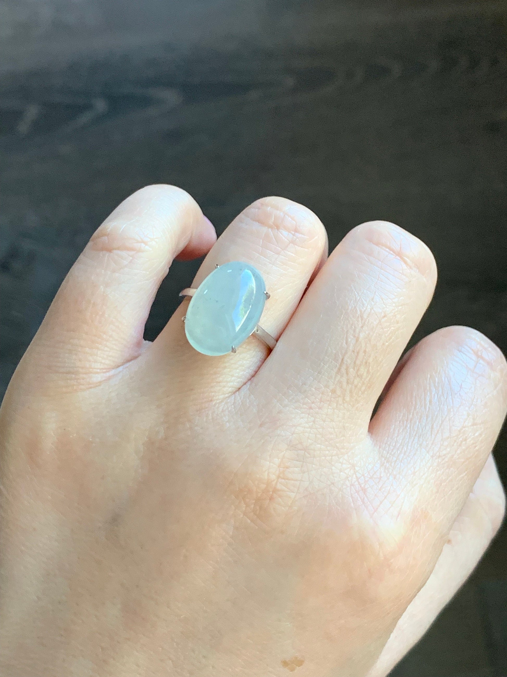 Natural Burmese Icy Translucent Gelatinous Large White Wuji Jadeite Solitaire Ring Sterling Silver Size Adjustable 天然缅甸冰胶白乌鸡翡翠蛋面银镶戒指 BWJ1228