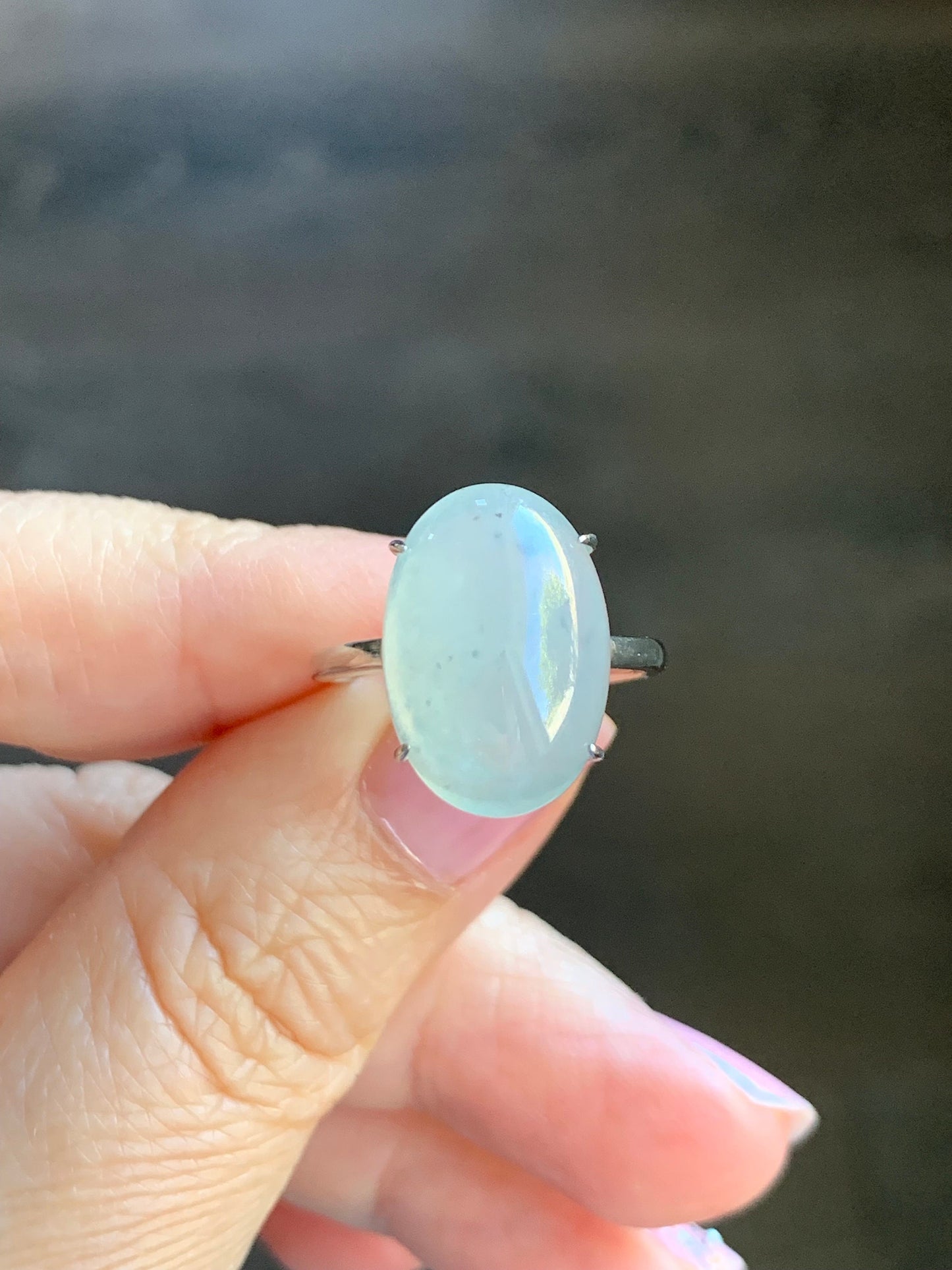 Natural Burmese Icy Translucent Gelatinous Large White Wuji Jadeite Solitaire Ring Sterling Silver Size Adjustable 天然缅甸冰胶白乌鸡翡翠蛋面银镶戒指 BWJ1228