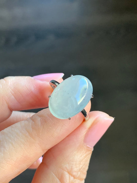 Natural Burmese Icy Translucent Gelatinous Large White Wuji Jadeite Solitaire Ring Sterling Silver Size Adjustable 天然缅甸冰胶白乌鸡翡翠蛋面银镶戒指 BWJ1228