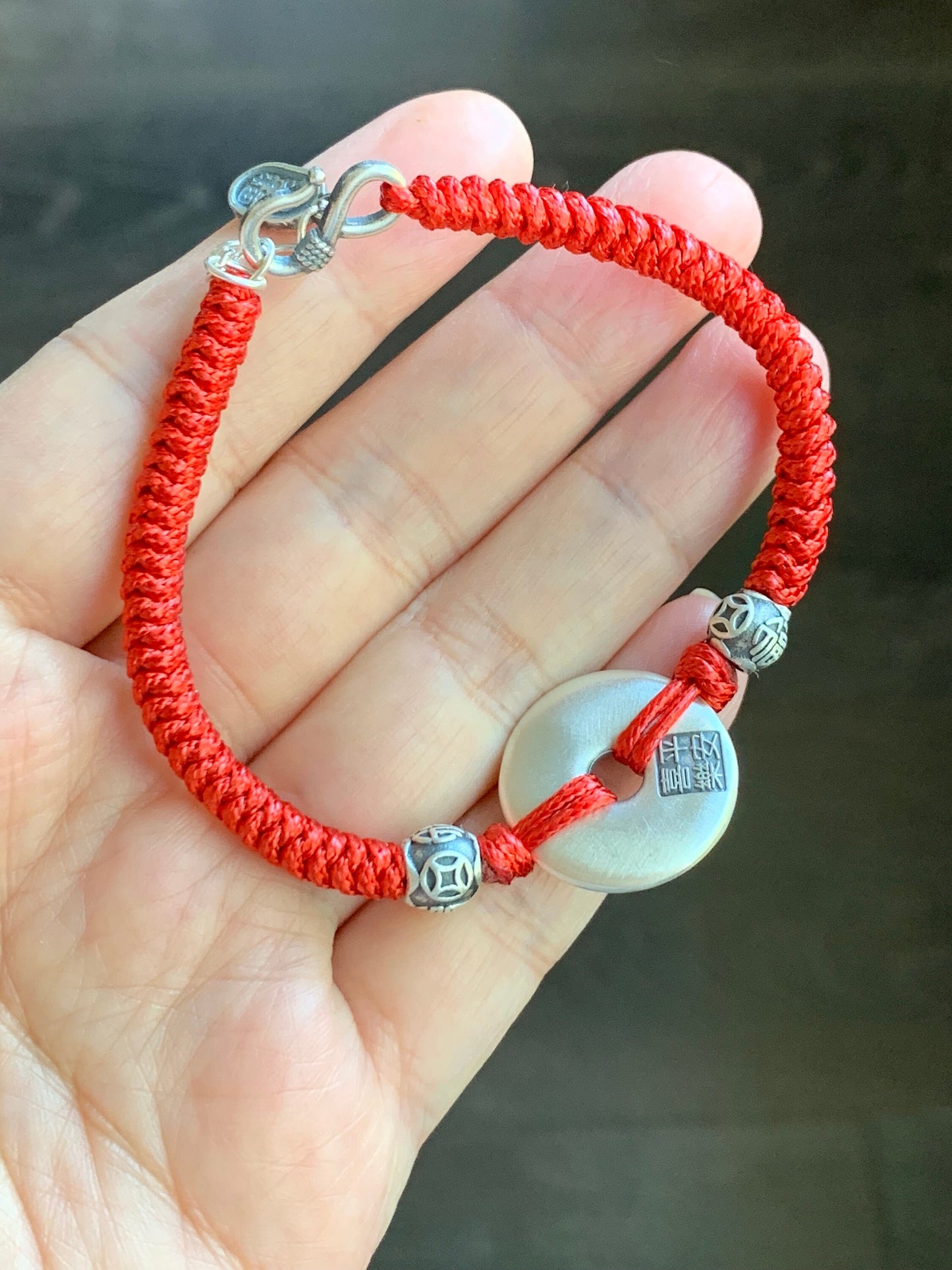 Solid 999 Sterling Silver Pixiu Engraved Ping An Kou Donut Blessing Amulet Red or Black Rope Bracelet 6.75” 13 grams 999足银手工貔貅平安扣纳福招财手绳