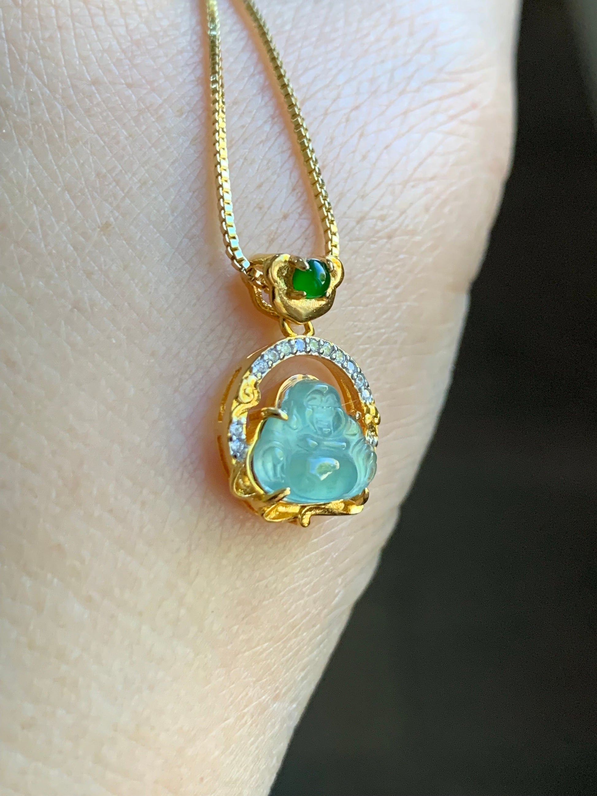Petite Natural Guatemalan Premium Icy Highly Translucent Teal Blue Jadeite Buddha Pendant Sterling Silver 天然高冰危蓝翡翠小佛公银镶吊坠