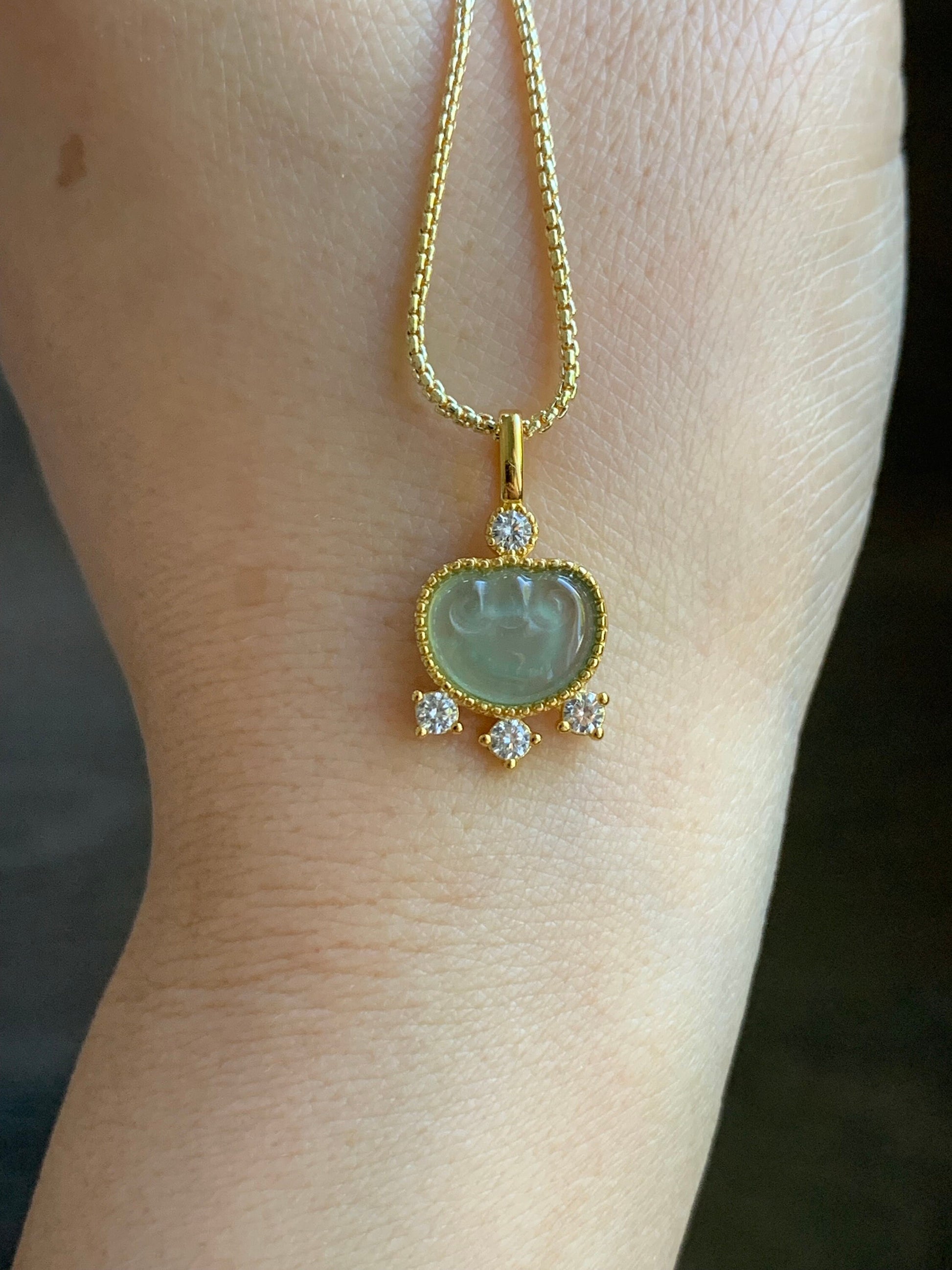 Natural Guatemalan Light Teal Green Jadeite Ruyi Lock Pendant S925 Sterling Silver Yellow Gold Finish 天然冰危蓝绿翡翠银镶如意吊坠
