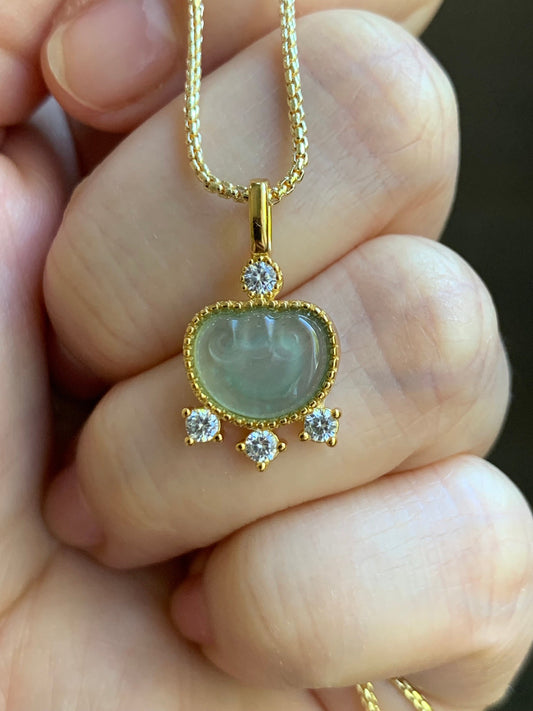 Natural Guatemalan Light Teal Green Jadeite Ruyi Lock Pendant S925 Sterling Silver Yellow Gold Finish 天然冰危蓝绿翡翠银镶如意吊坠