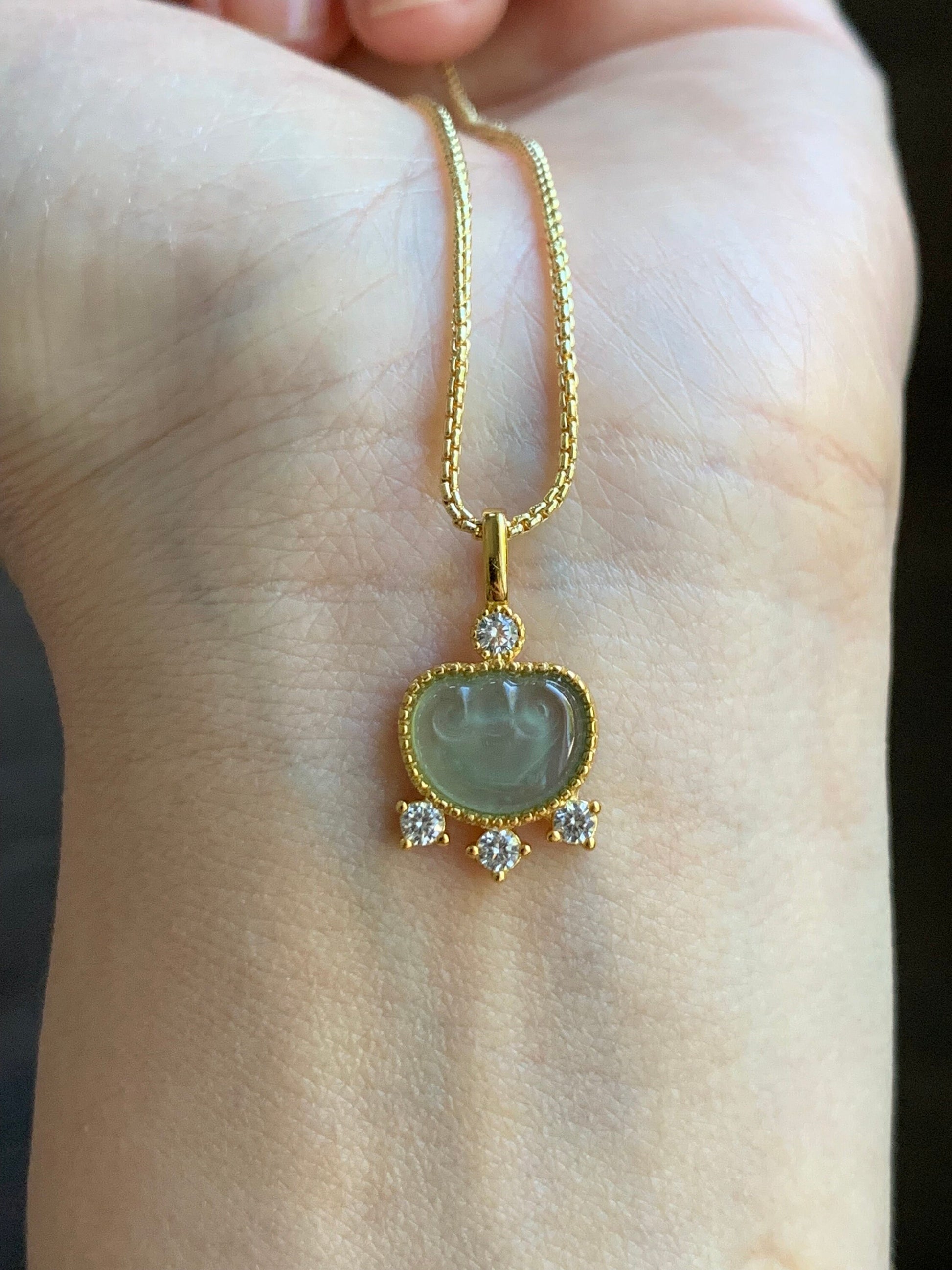 Natural Guatemalan Light Teal Green Jadeite Ruyi Lock Pendant S925 Sterling Silver Yellow Gold Finish 天然冰危蓝绿翡翠银镶如意吊坠